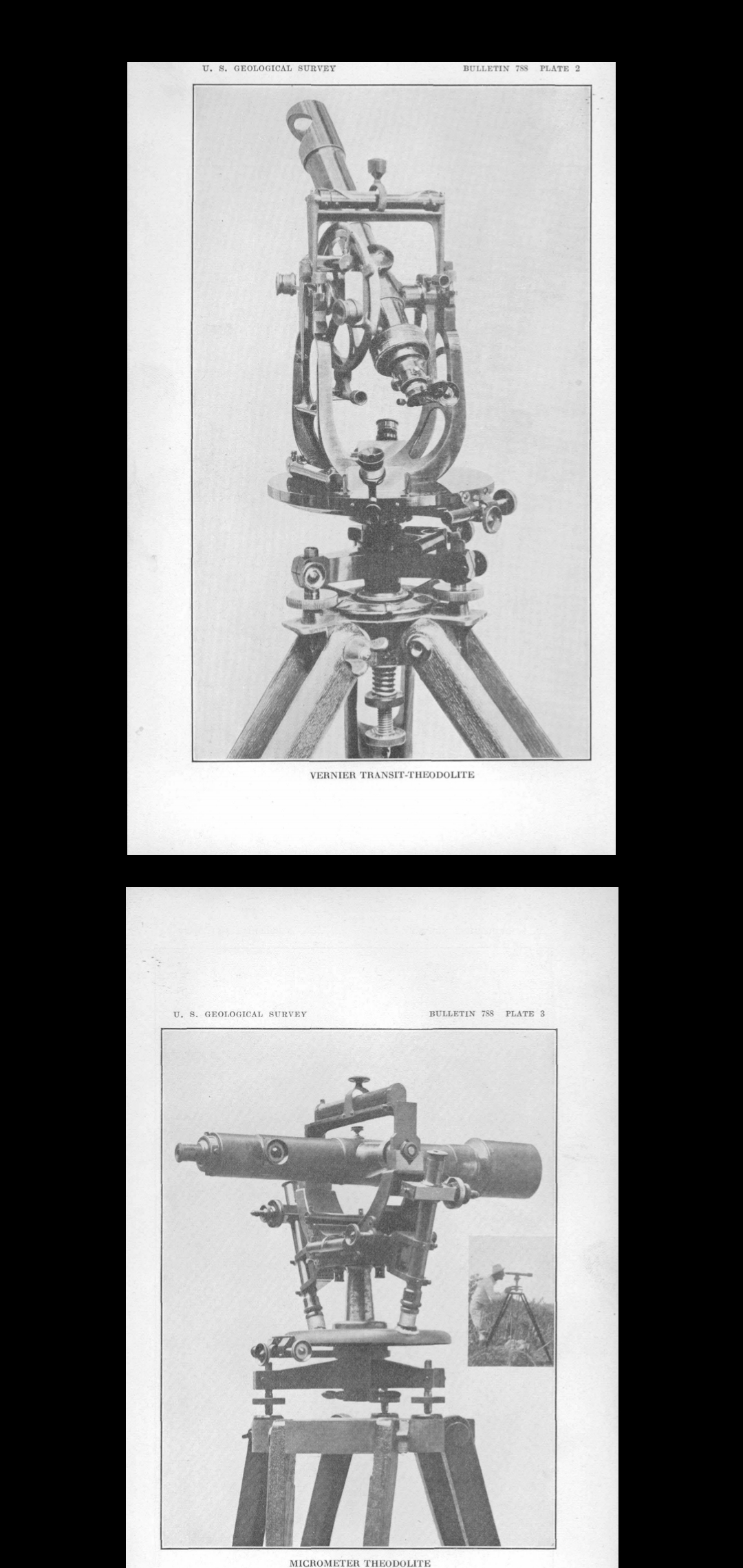 A vernier transit theodolite & a micrometer theodolite used by