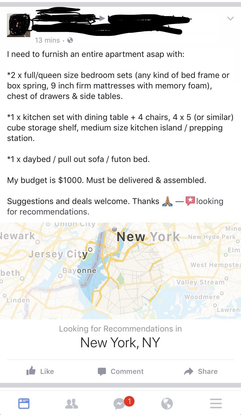 furnish my entire apartment for 1000, delivery and assembly required r/ChoosingBeggars