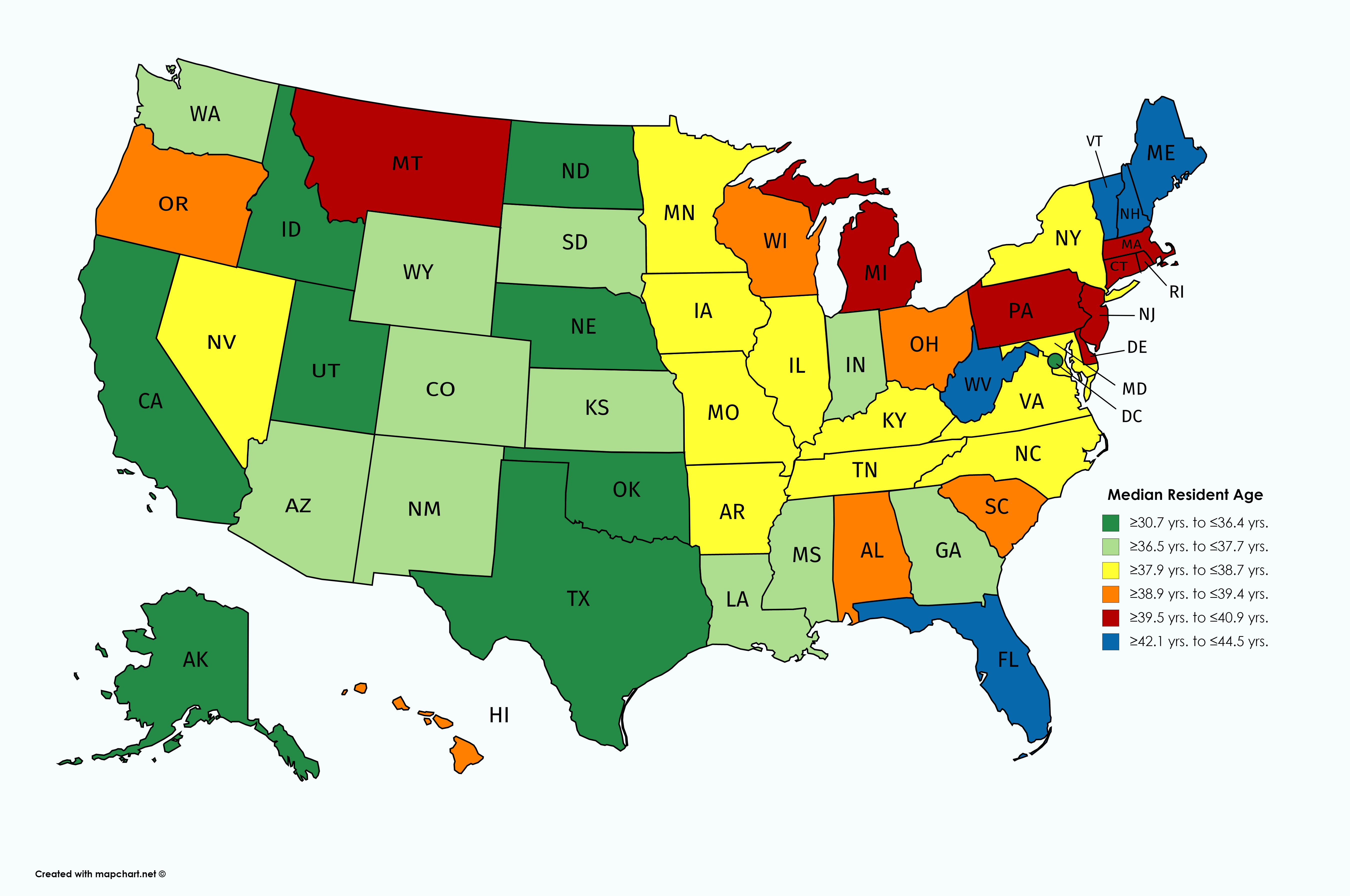 Average Age Us Map Median Age of Residents by State (2016) MapPorn