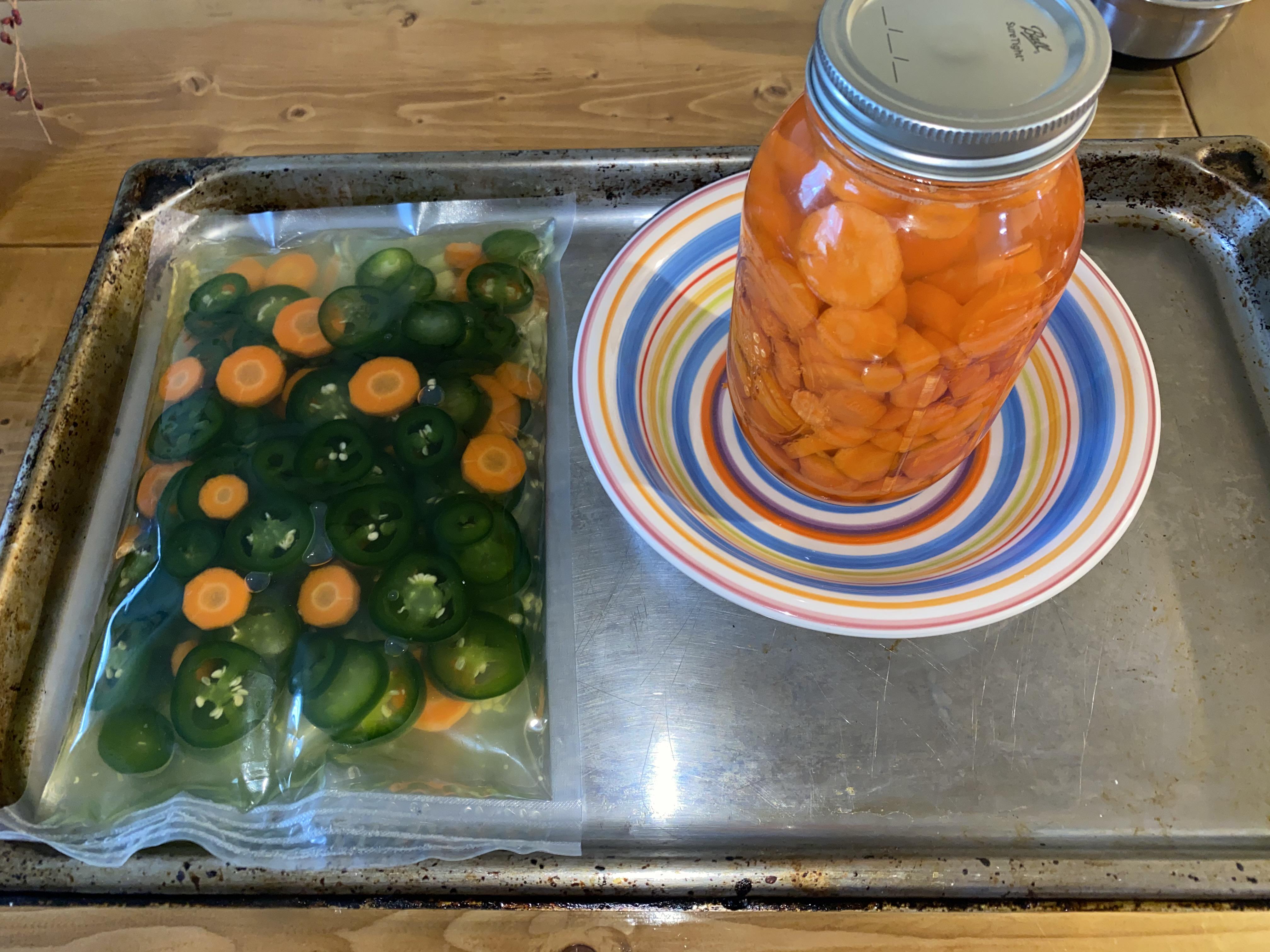 Carrots, jalapeños, and garlic at 2.5. The jar is just carrots in 3