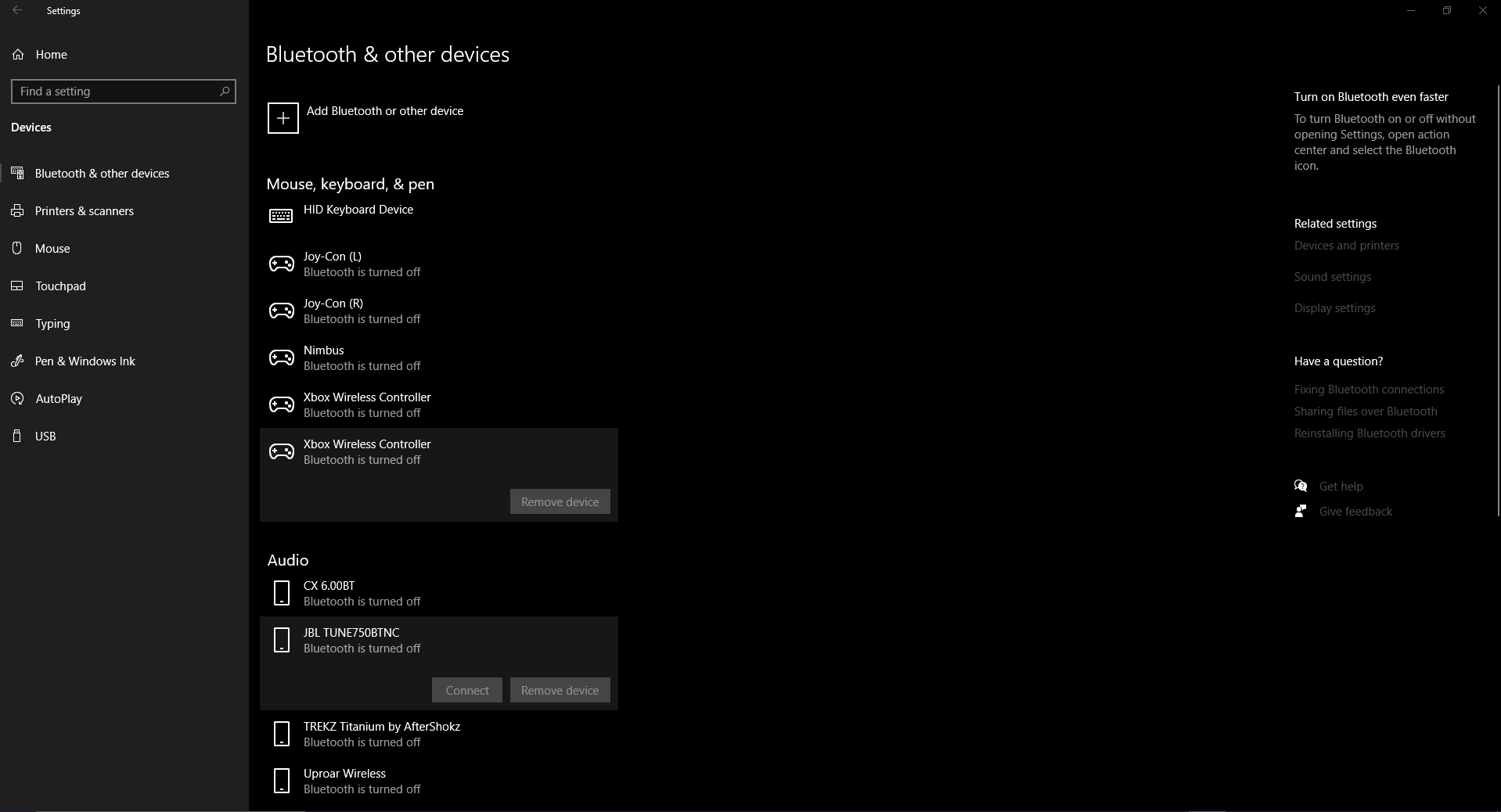 It says that Bluetooth is turned off r/Windows10