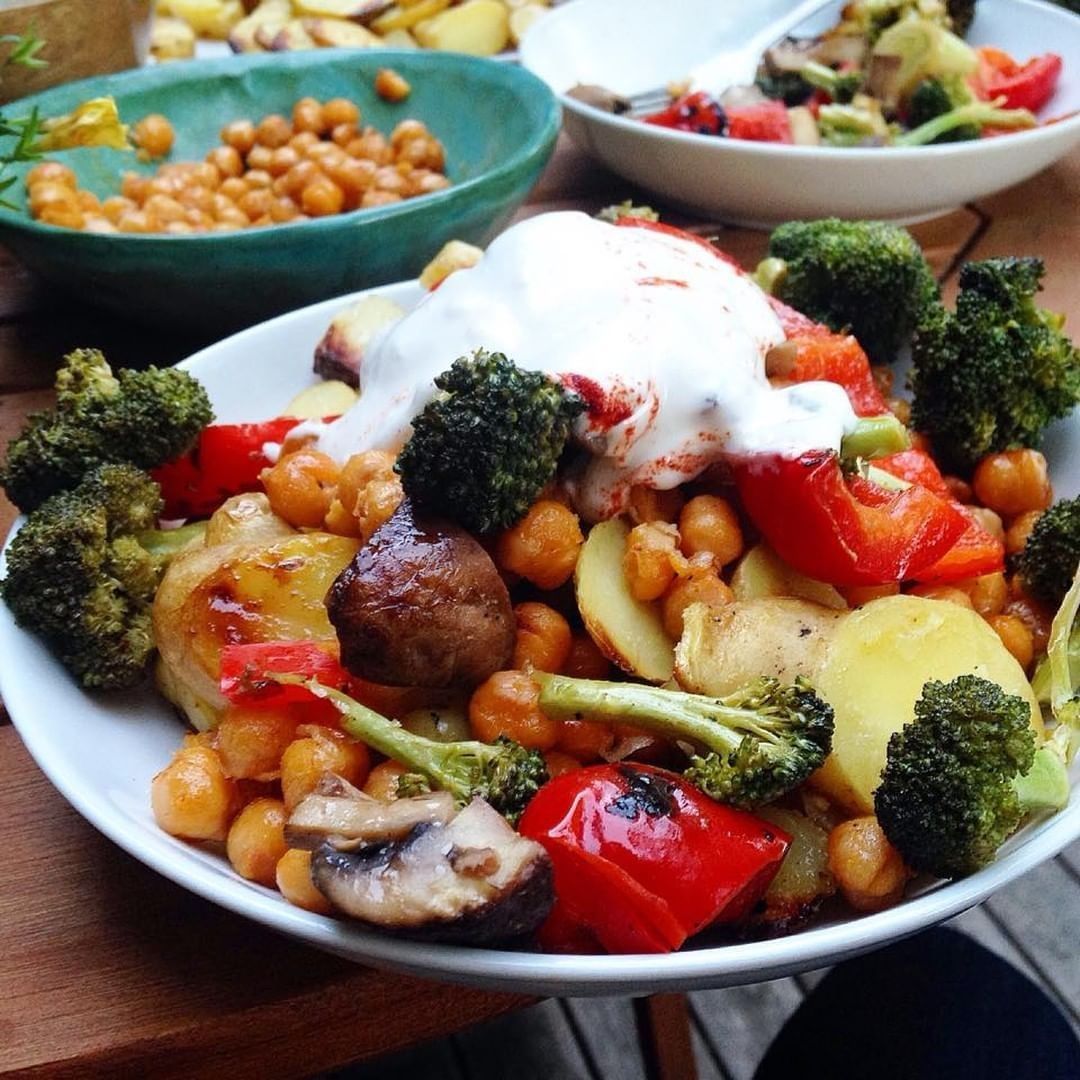 Grilled Potatoes with Chickpeas, Veggies and Smoked Paprika Aioli on a