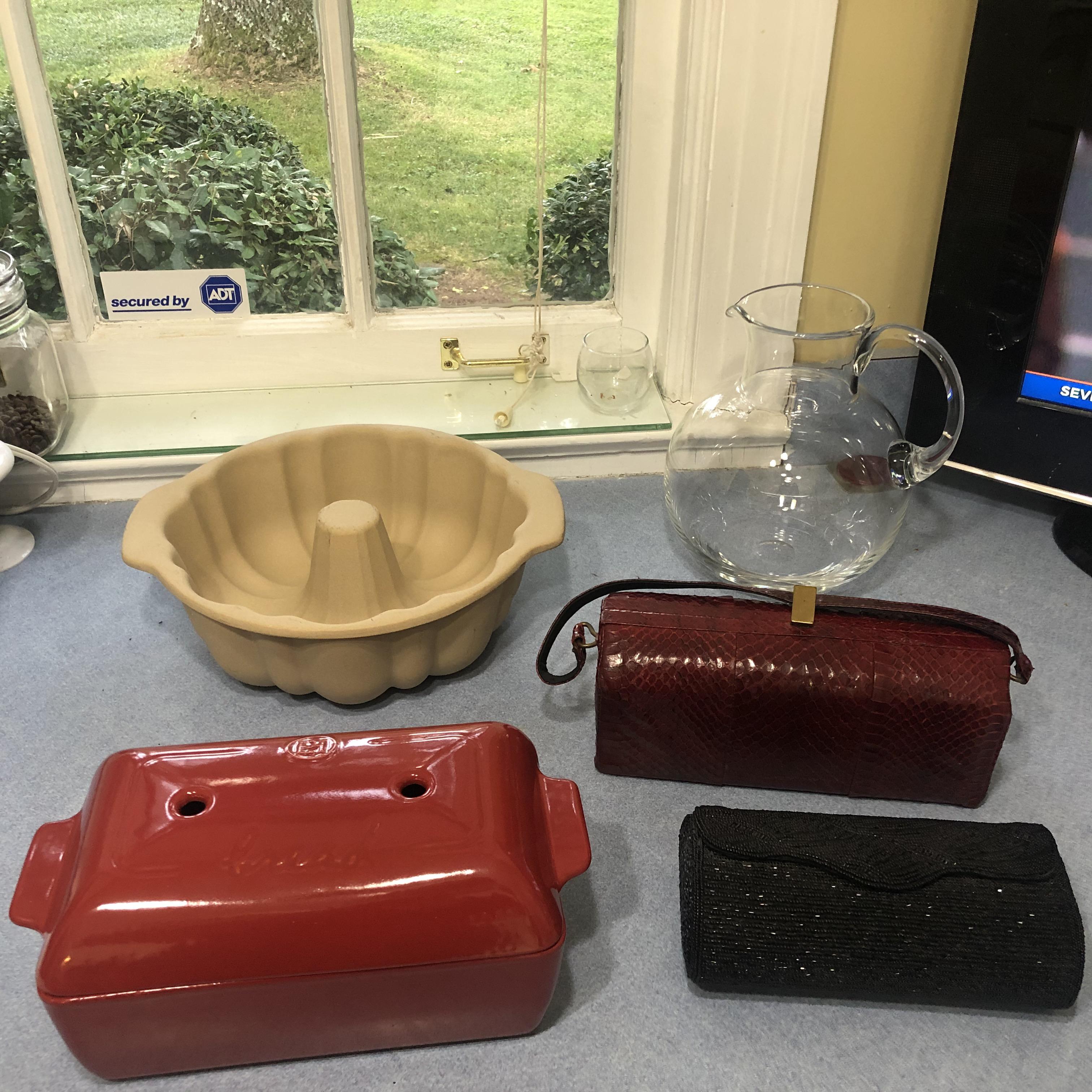 Today’s haul stone bundt cake baker, Tiffany & Co crystal pitcher, brand new Émile Henry bread