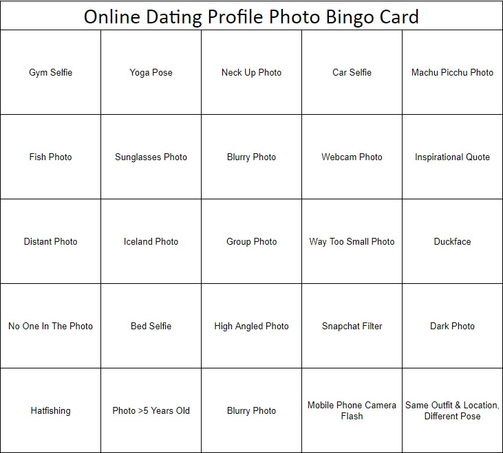 Online Dating Photo Bingo Card OnlineDating