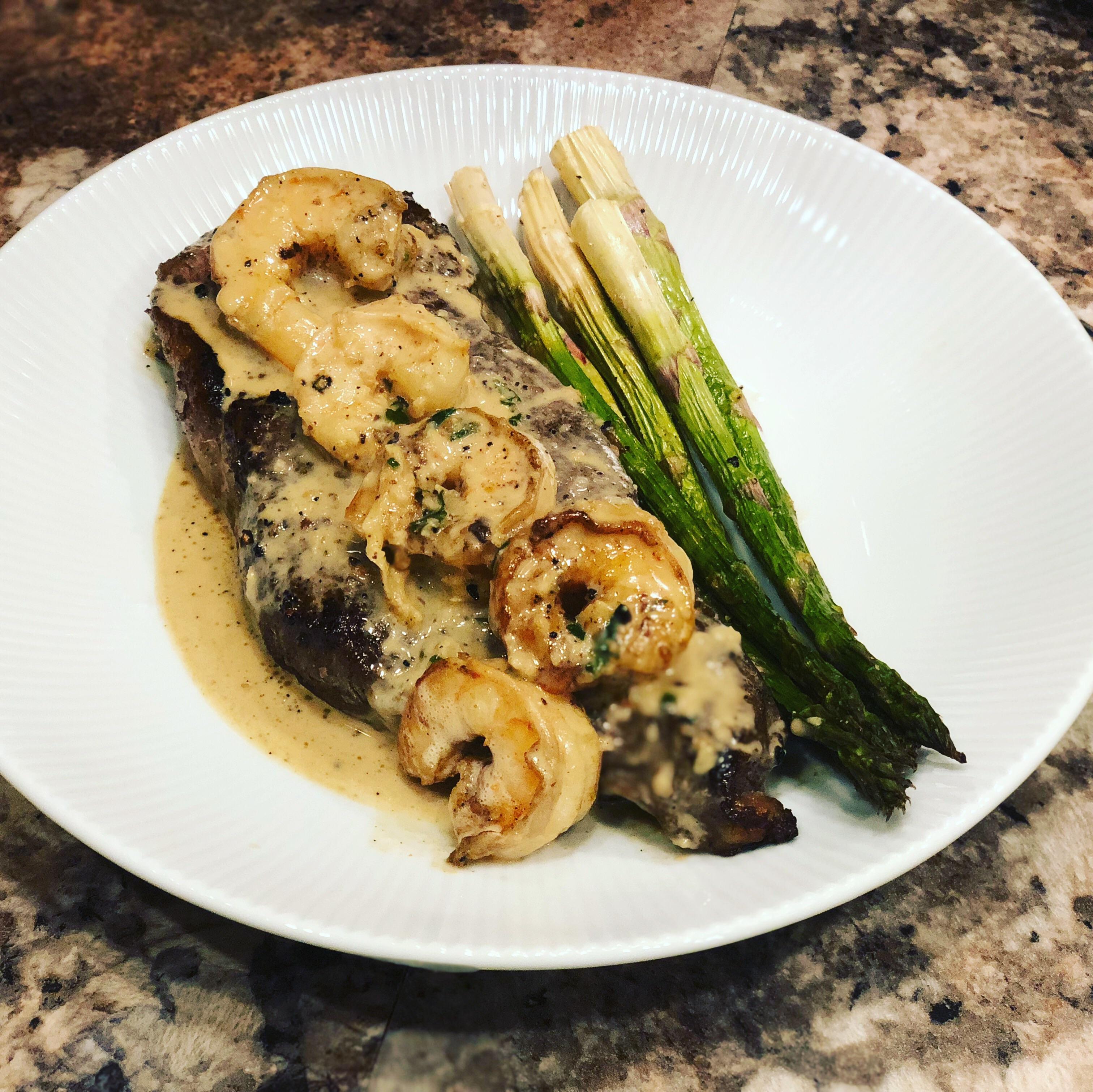 New York strip steak with shrimp in creamy garlic sauce r/ketorecipes