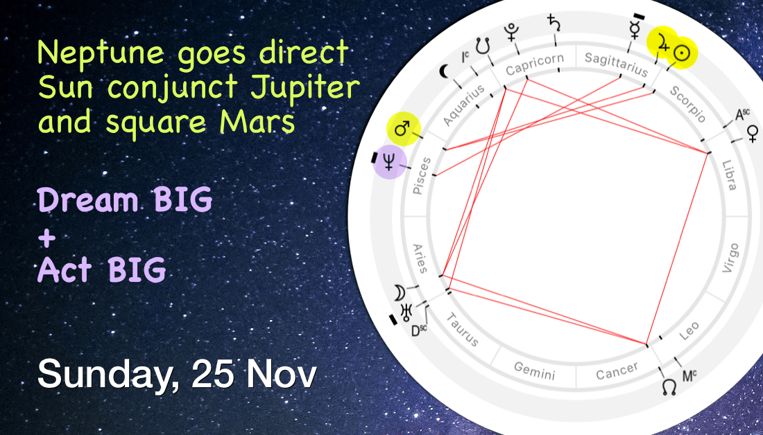 Neptune goes direct. Sun conjunct Jupiter and square Mars this Sunday