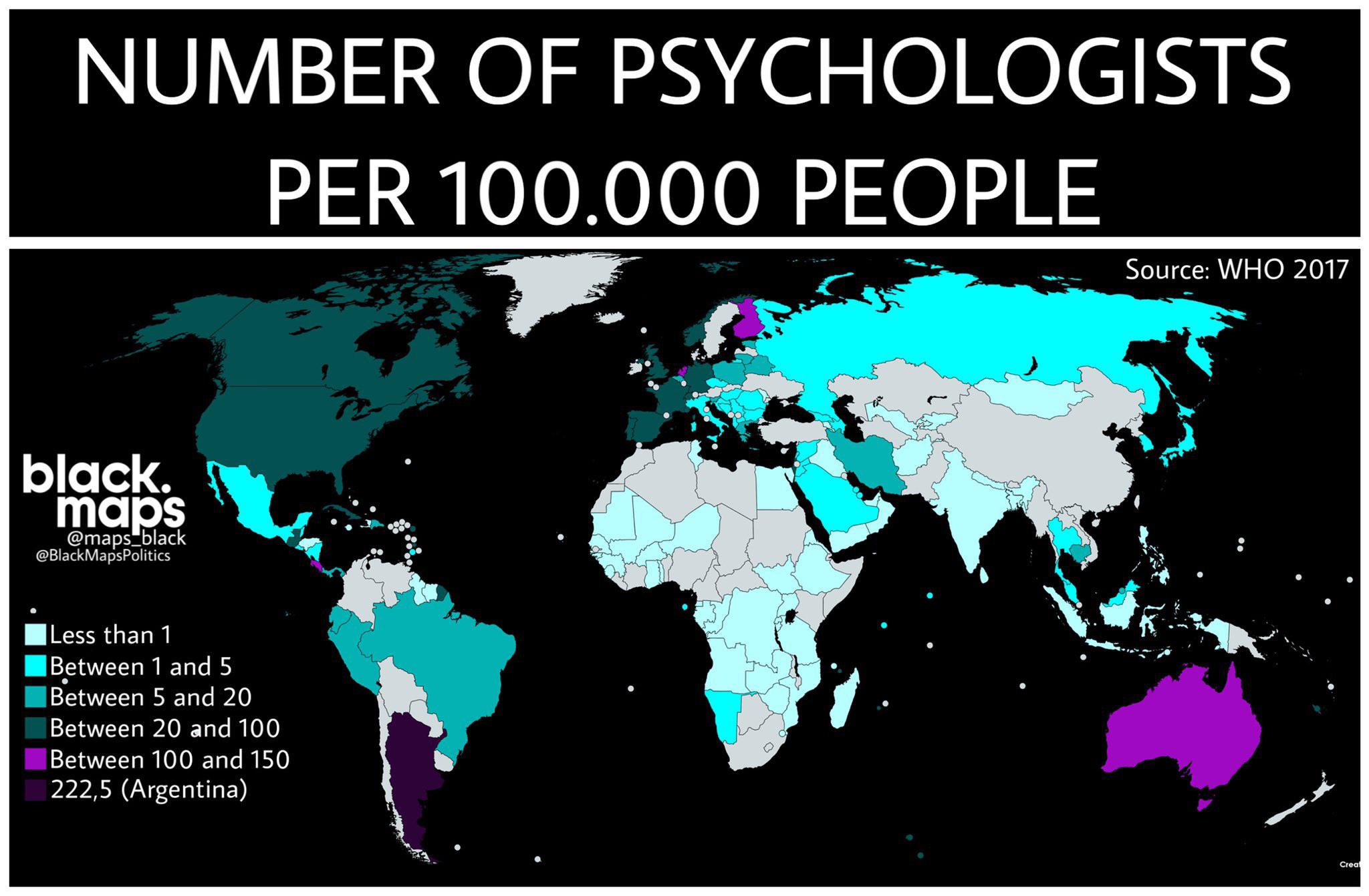 Psychologists per 100,000 people r/MapPorn