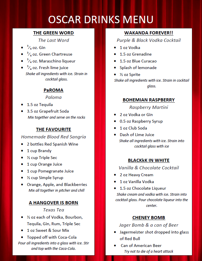 Every year I throw an Oscar Party with Themed Cocktails based on all