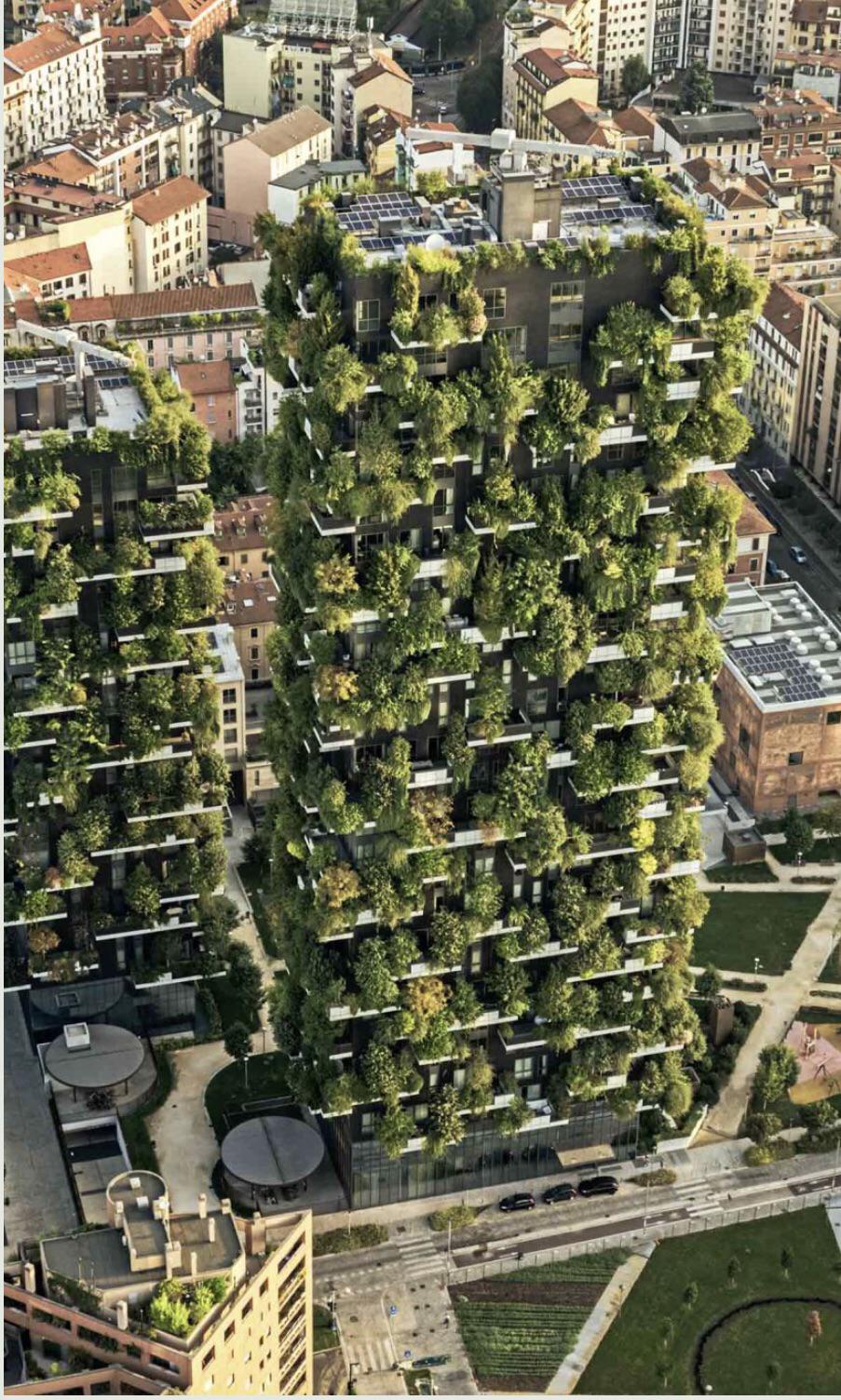 The Bosco Verticale apartment block in Milan, containing the equivalent