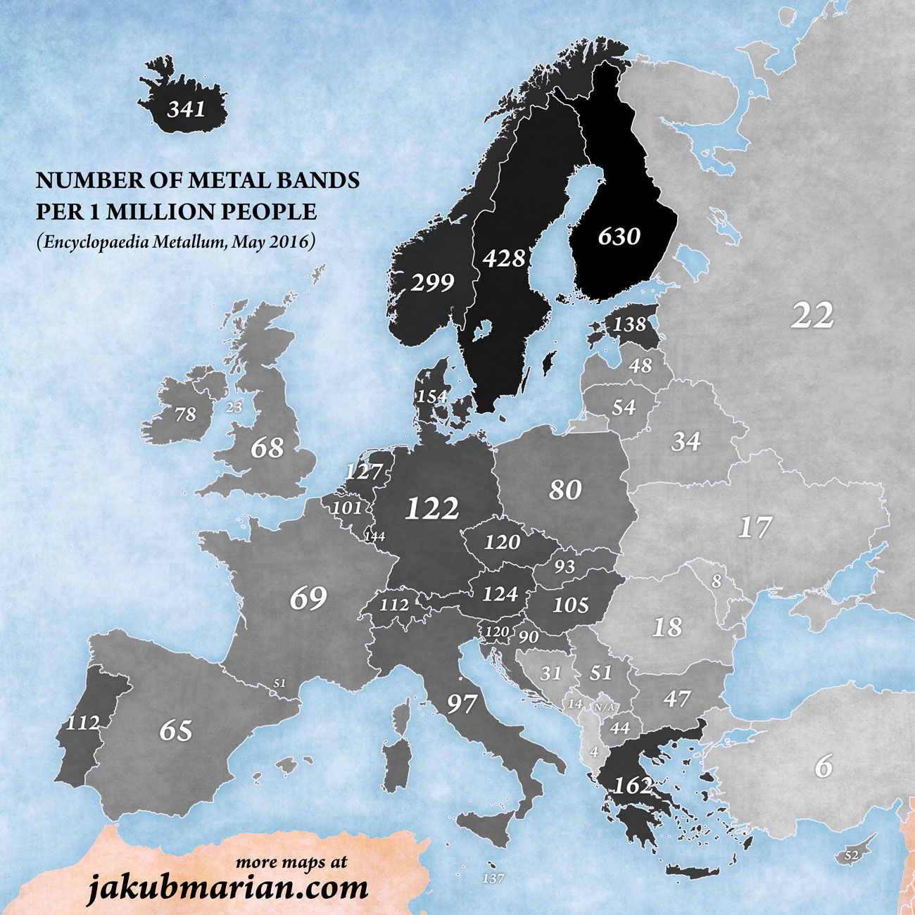 Number of metal bands per million people. r/europe