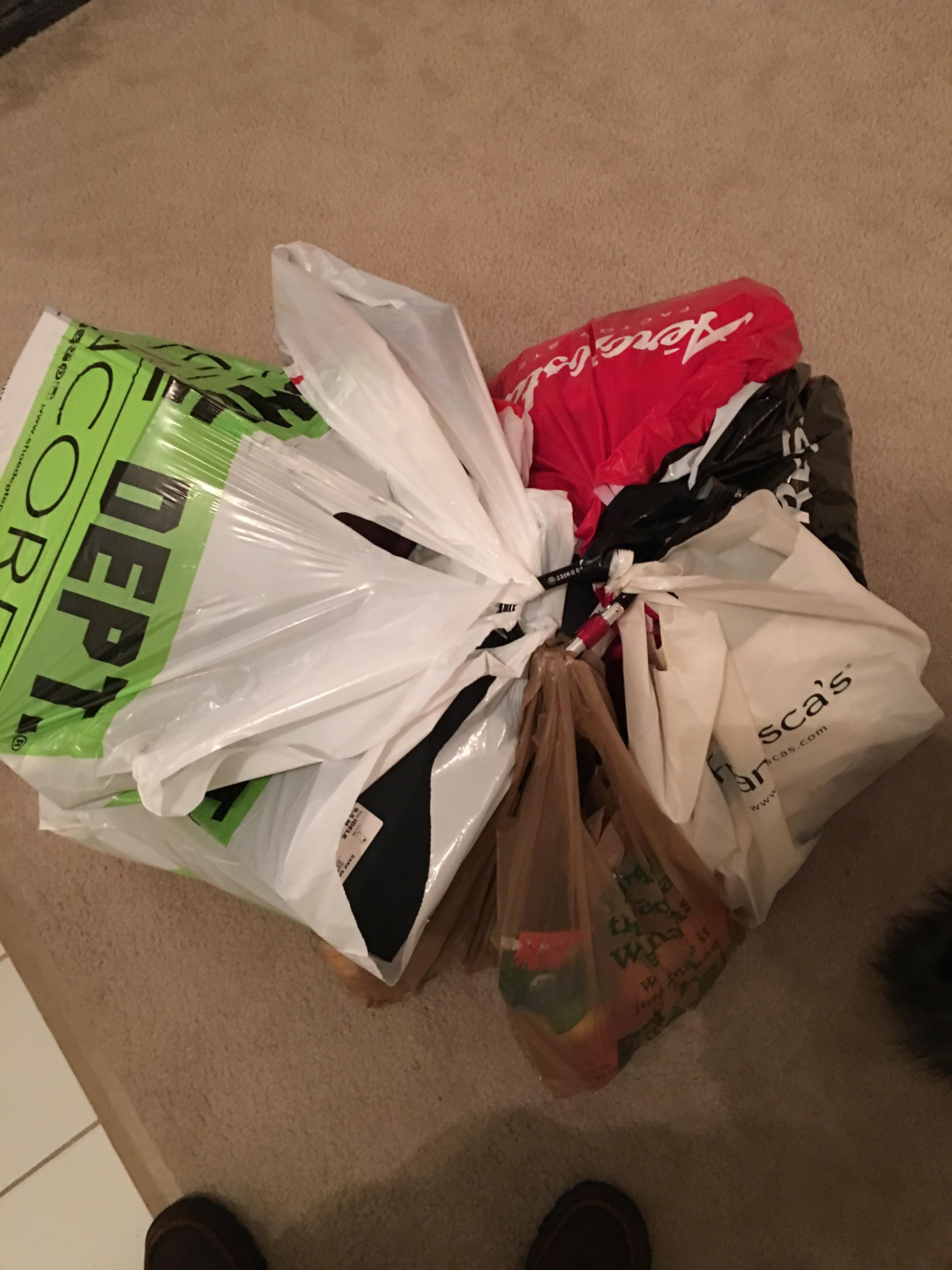 Use carabiners to clip all the bags together when carrying groceries or