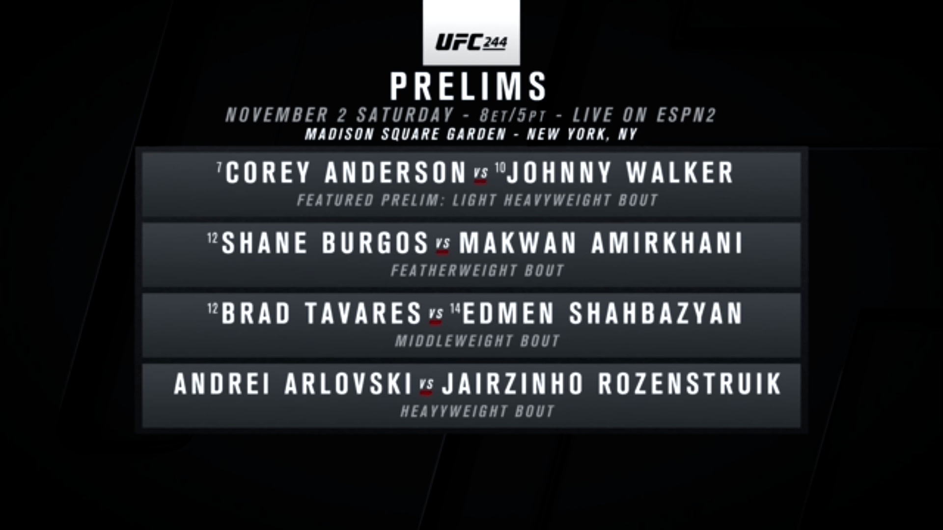UFC 244 ESPN2 Prelims Bout Order Set MMA