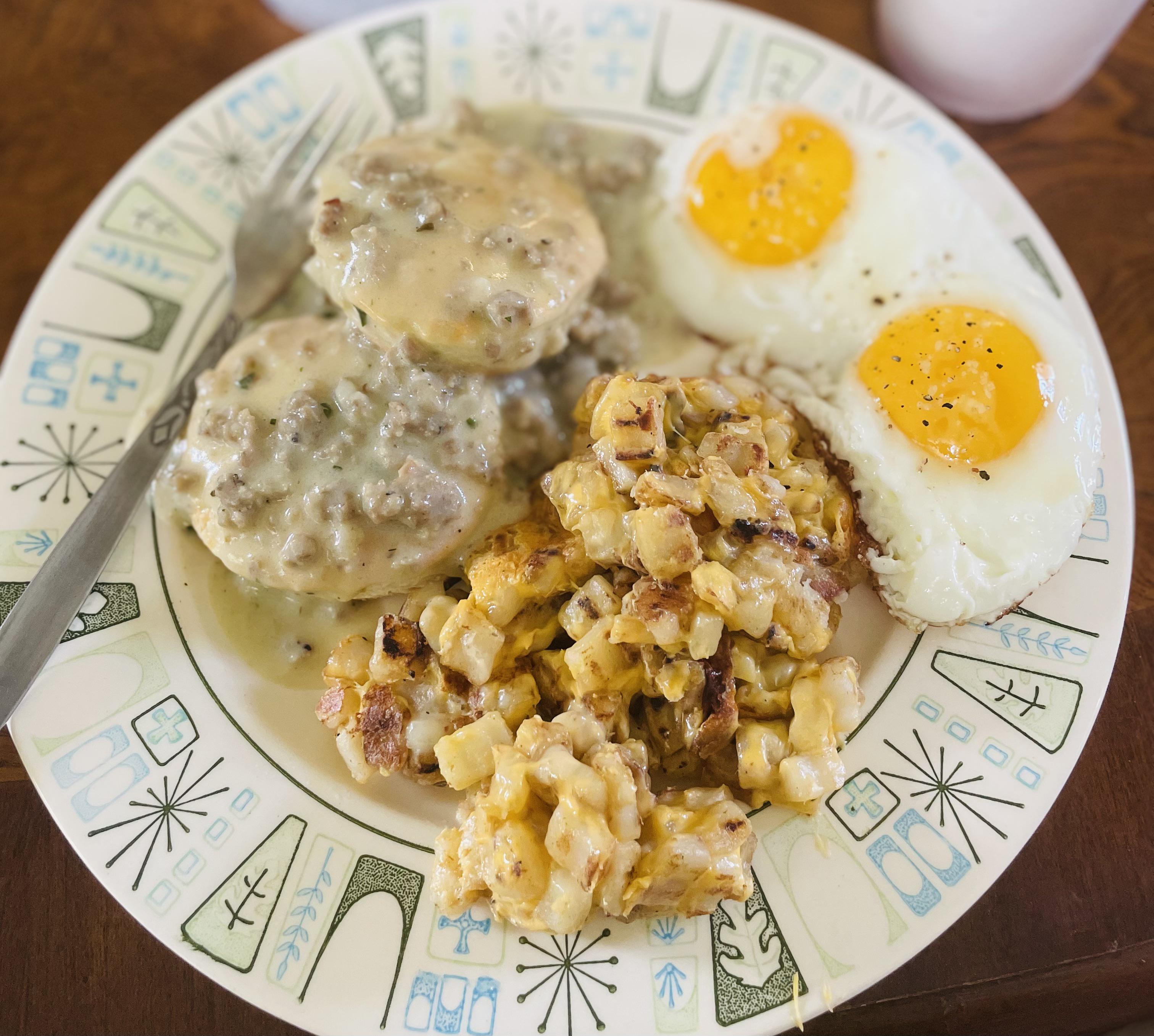 duck fat fried eggs, biscuits and gravy, potatoes cooked in duck fat