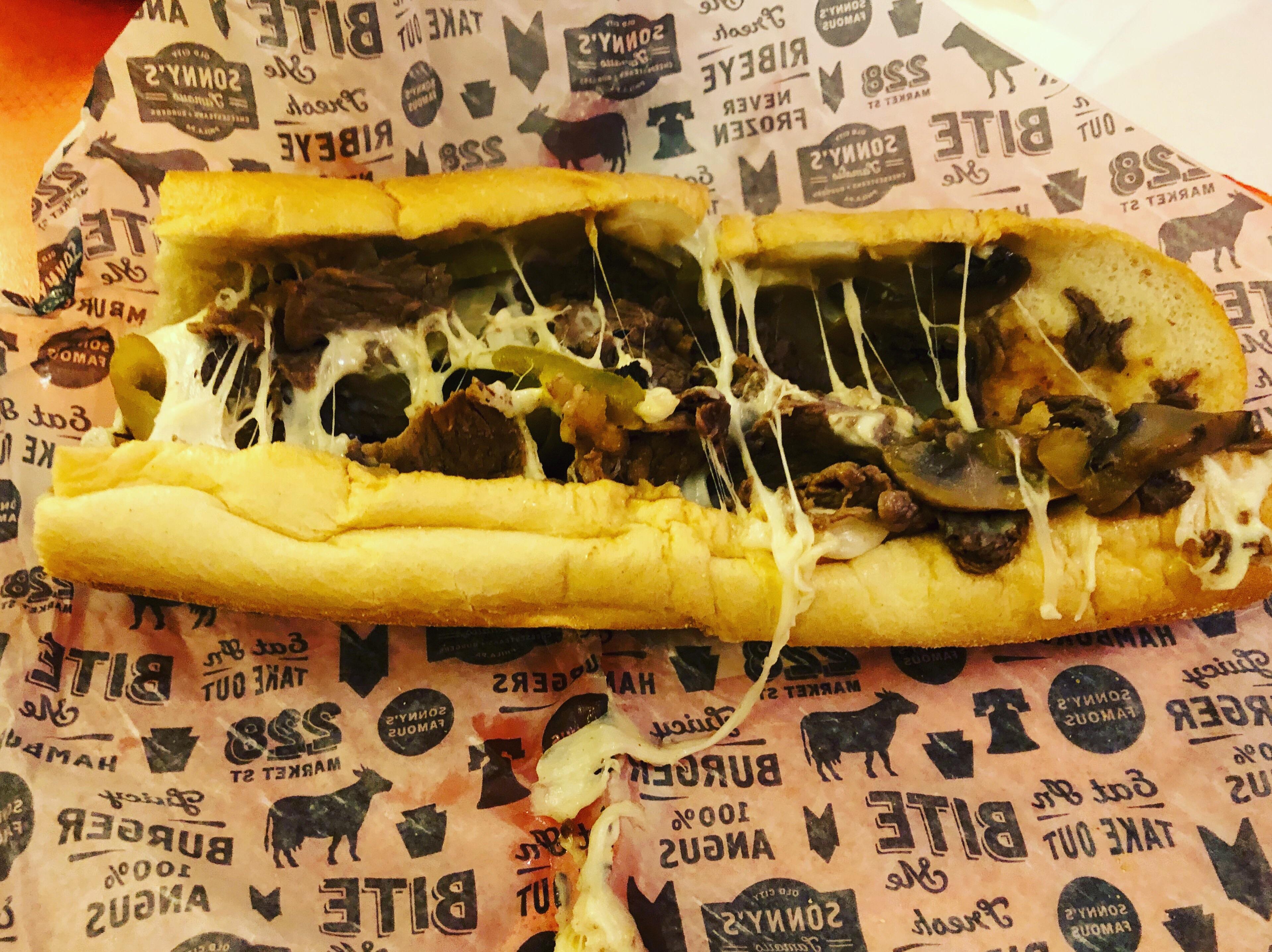 Philly cheesesteak with mozzarella and mushrooms. Wonderful!! r