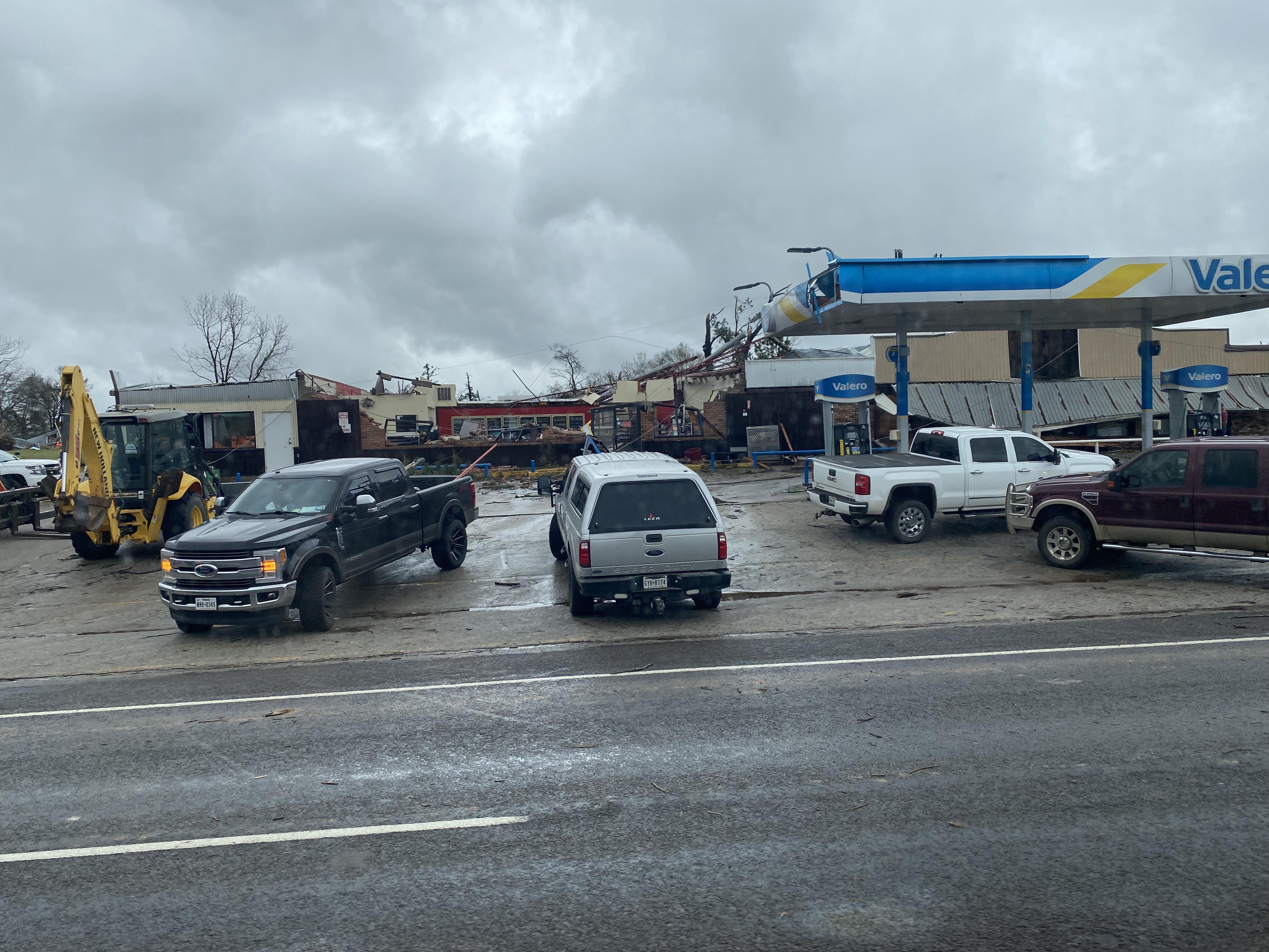Tornado damage to a gas station in Crockett, Tx. Lost the entire roof