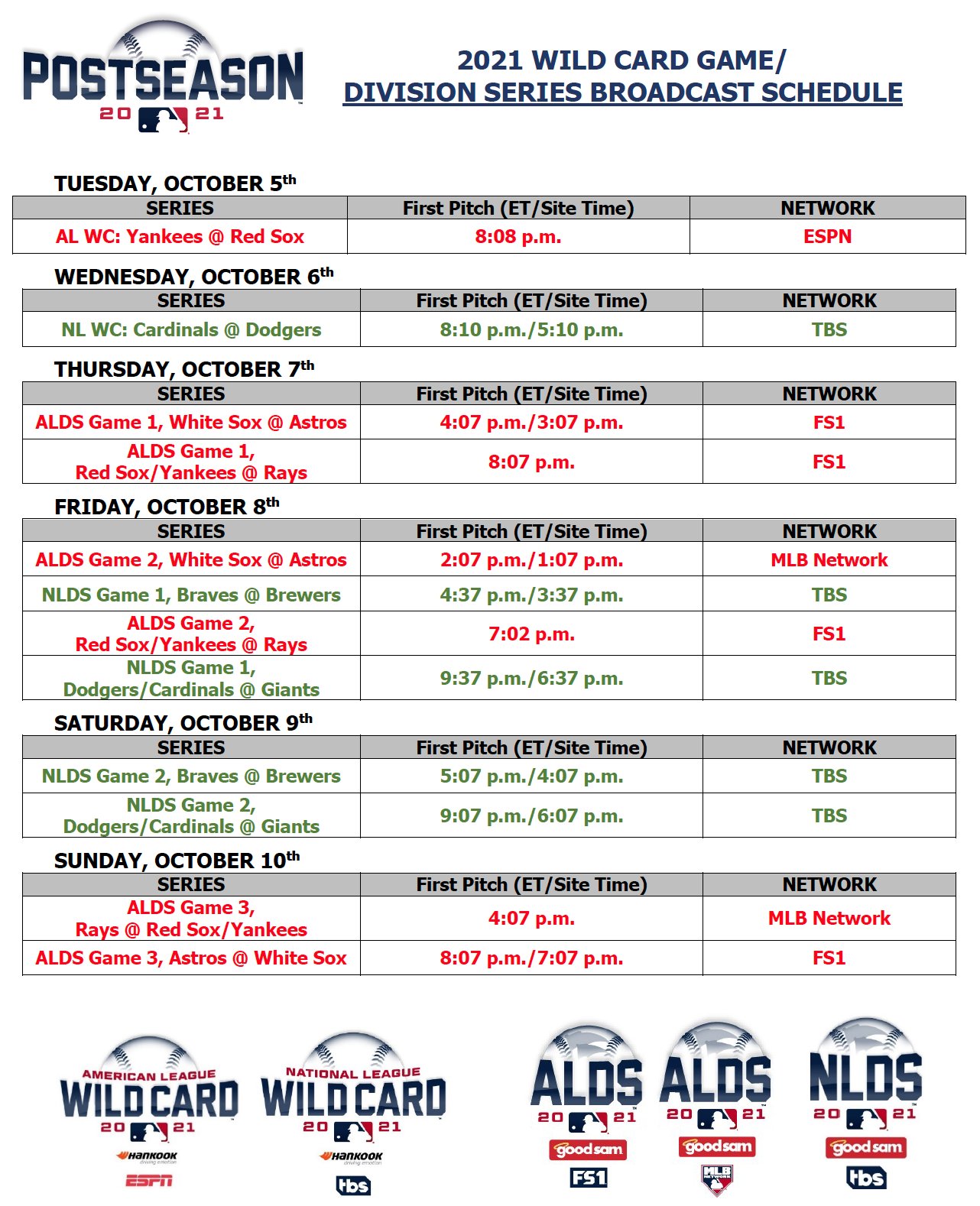Full schedule for this week's playoff games r/mlb Full schedule for this week's playoff games r/mlb
