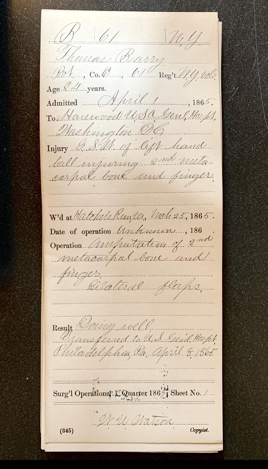 A medical record card from 1865 that I came across during my research