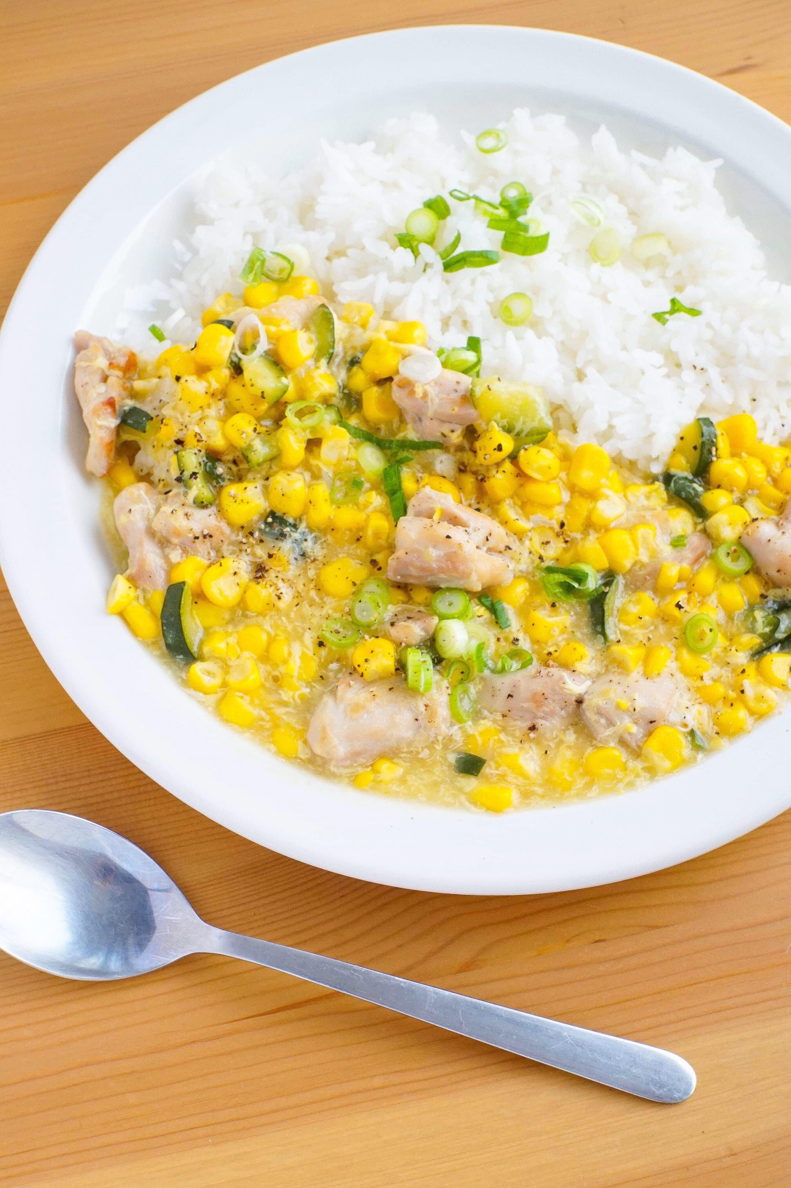 Corn gravy and chicken rice. 2.1 a serving, make 6 serving in 45