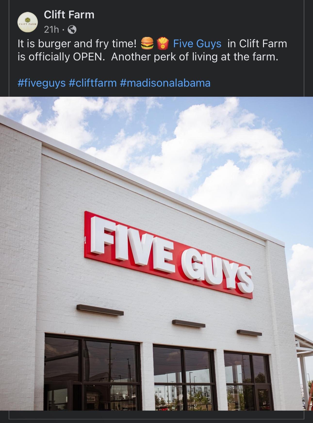 Clift Farm's Five Guys is now open. Go get your mountain of greasy