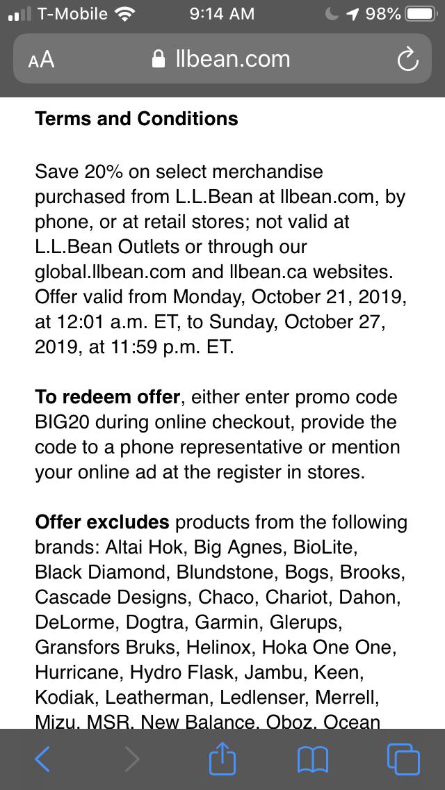 20 off LL Bean with code Big20 some exclusions, but Bean Boots are