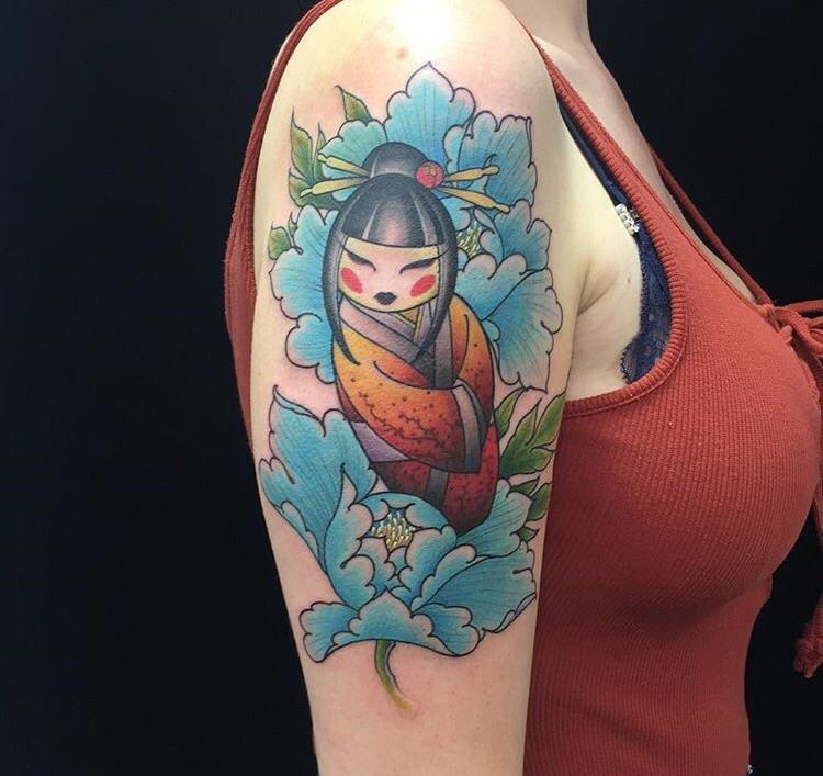 Kokeshi doll and peonies, by Chris Rushmer Freestyle tattoo studio