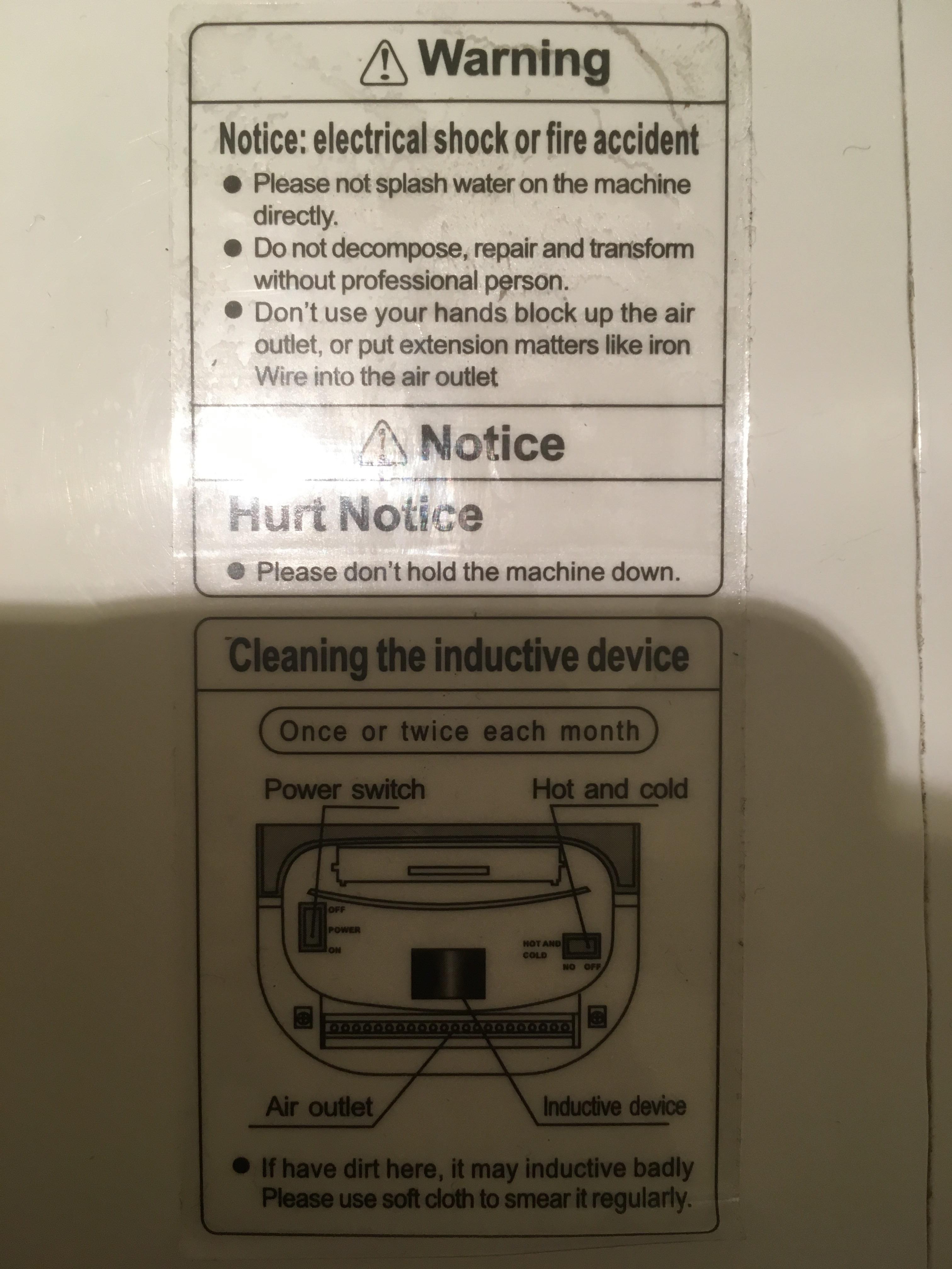 This warning label on my hand dryer at work. r/Chefs