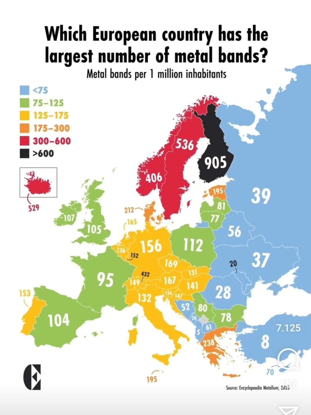 European countries with largest number of metal bands r/MapPorn