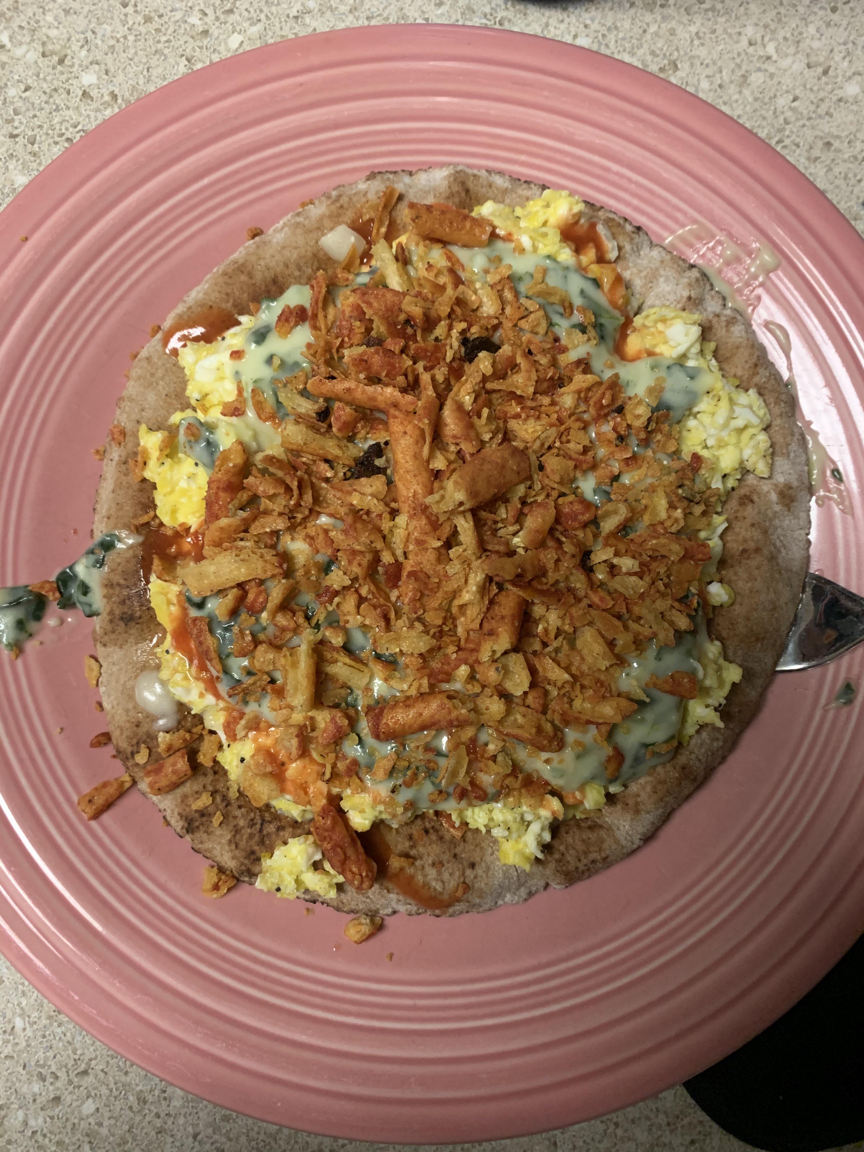 3 scrambled eggs (with everything but the bagel seasoning), cheddar