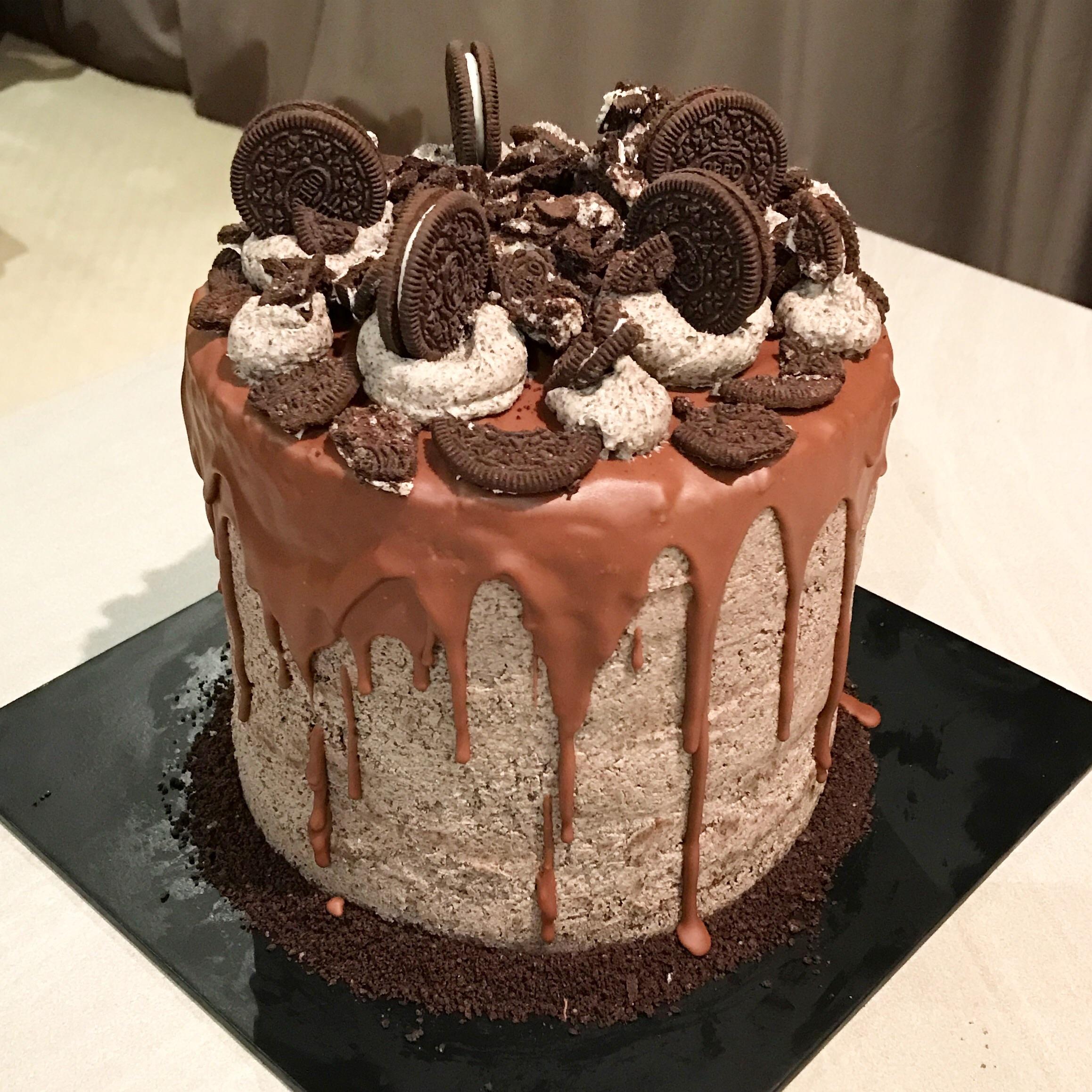 Chocolate cake with Oreo buttercream frosting with a milk chocolate