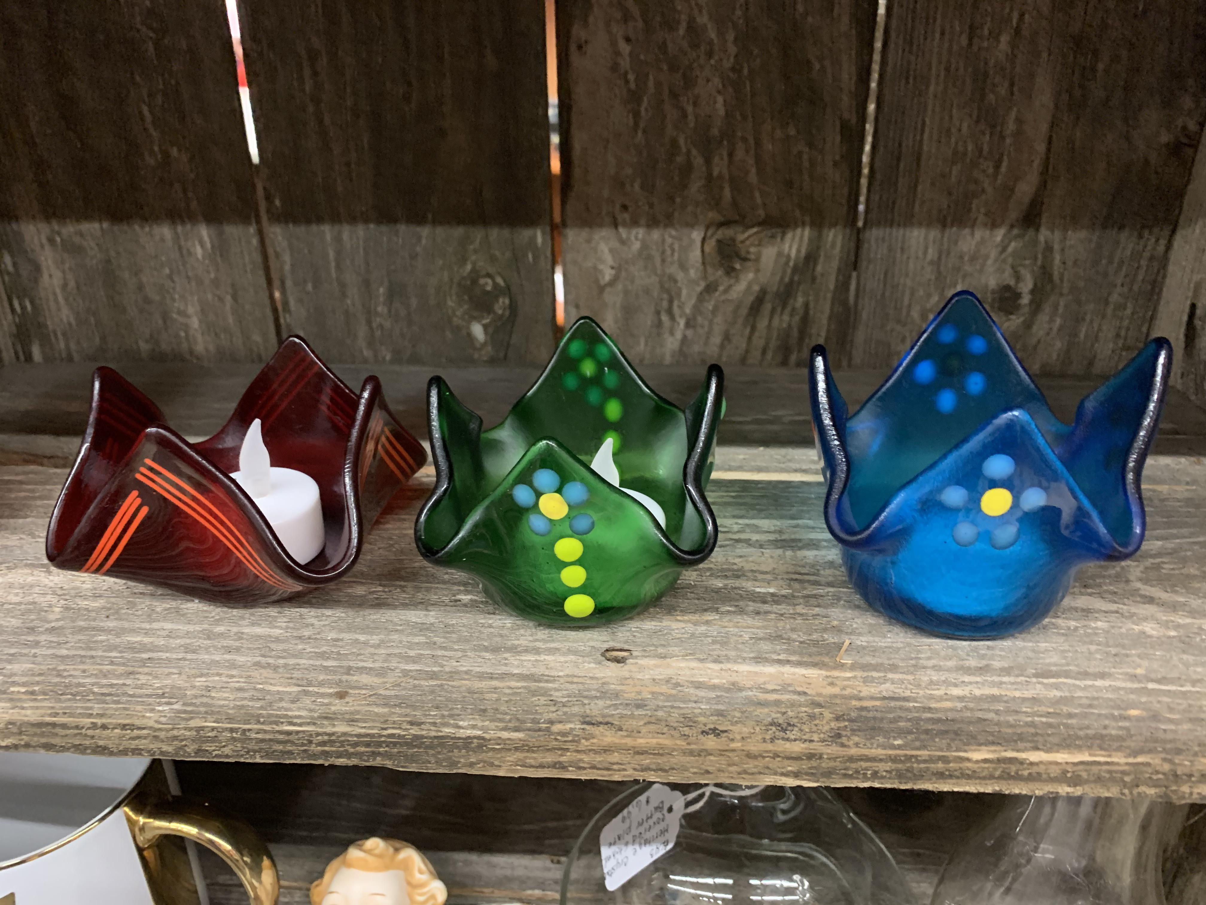 So, I made these fused glass candle holders years ago. Gave them away