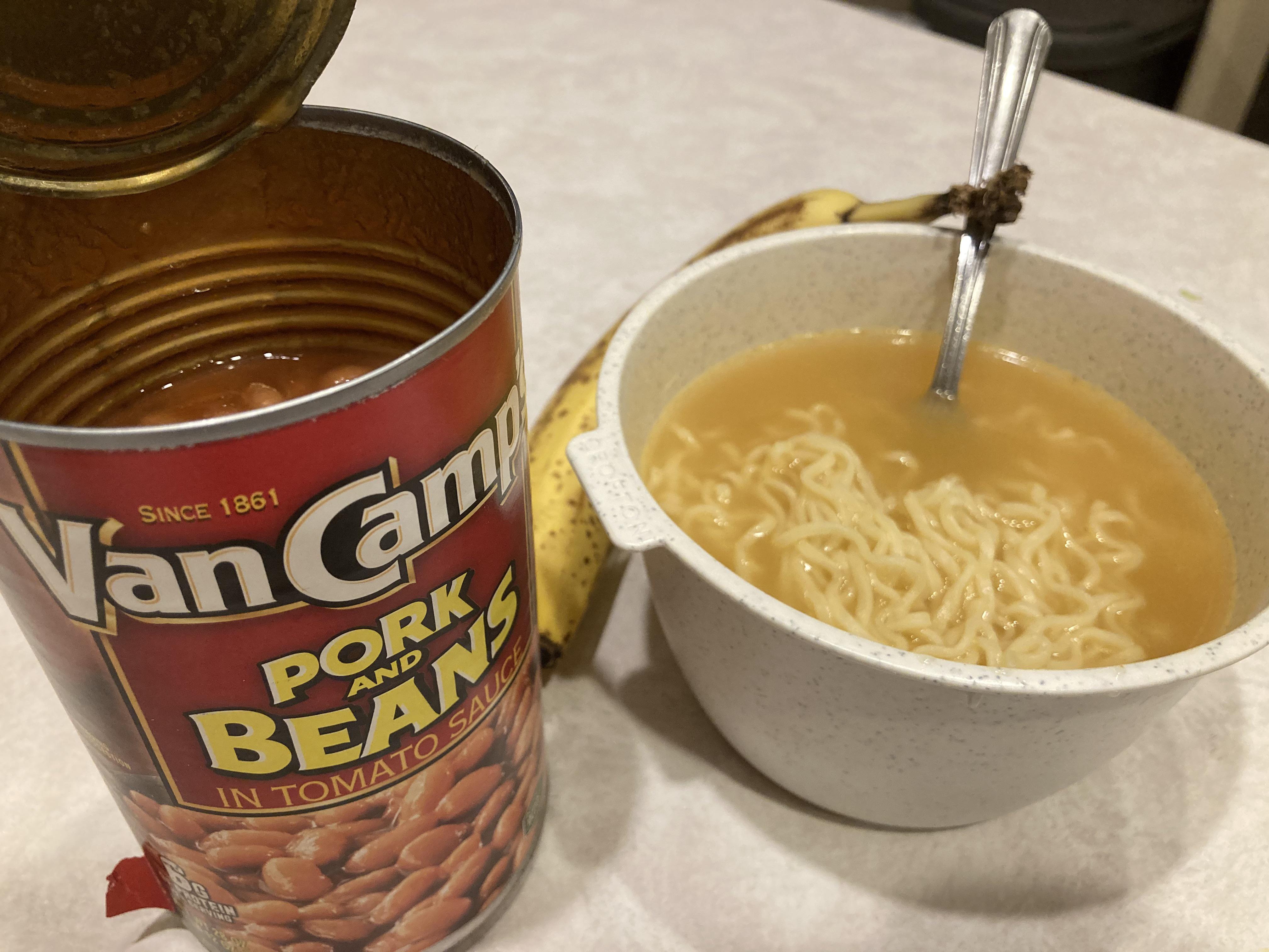 Cold Pork and Beans, Microwaved Ramen Noodles with some Sriracha I