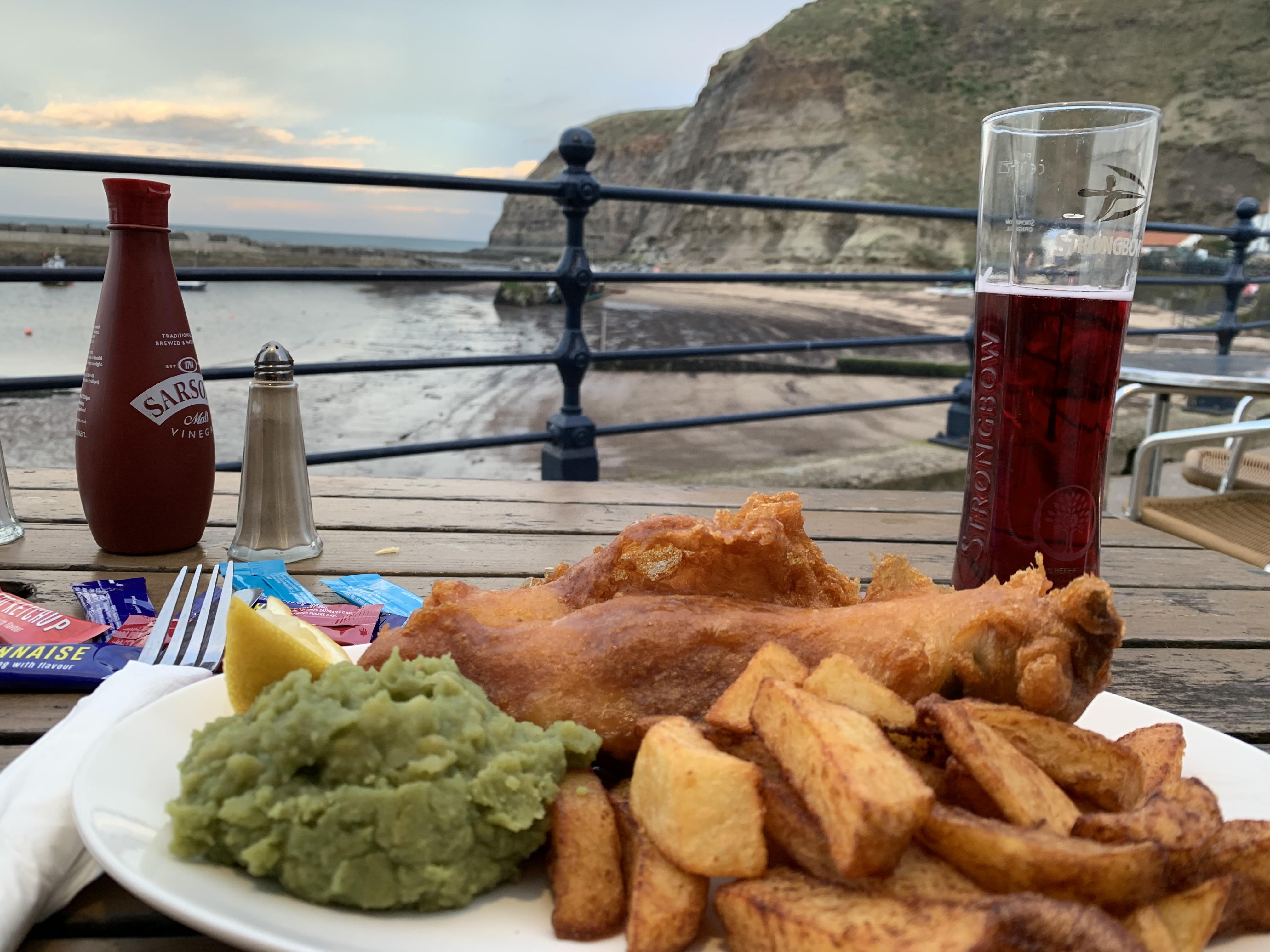 Fish and chips at the Cob and Lobster in Staithes, North Yorkshire r