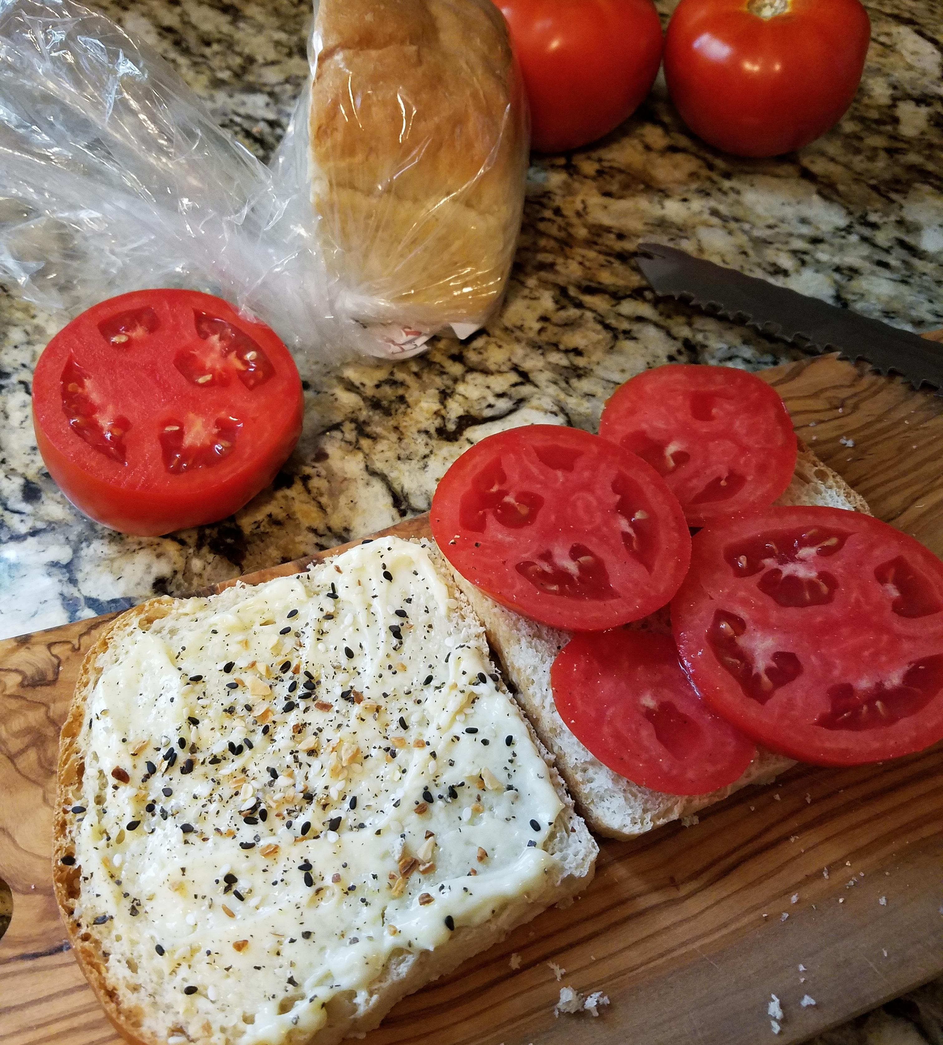 Tomato, homemade mayonnaise, black pepper, everything bagel seasoning