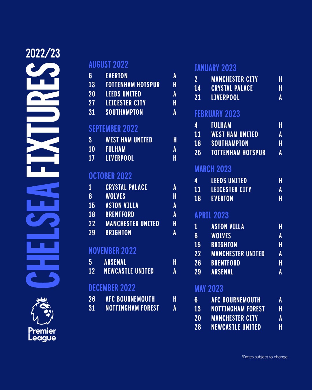 2022/23 Premier League fixtures. r/chelseafc