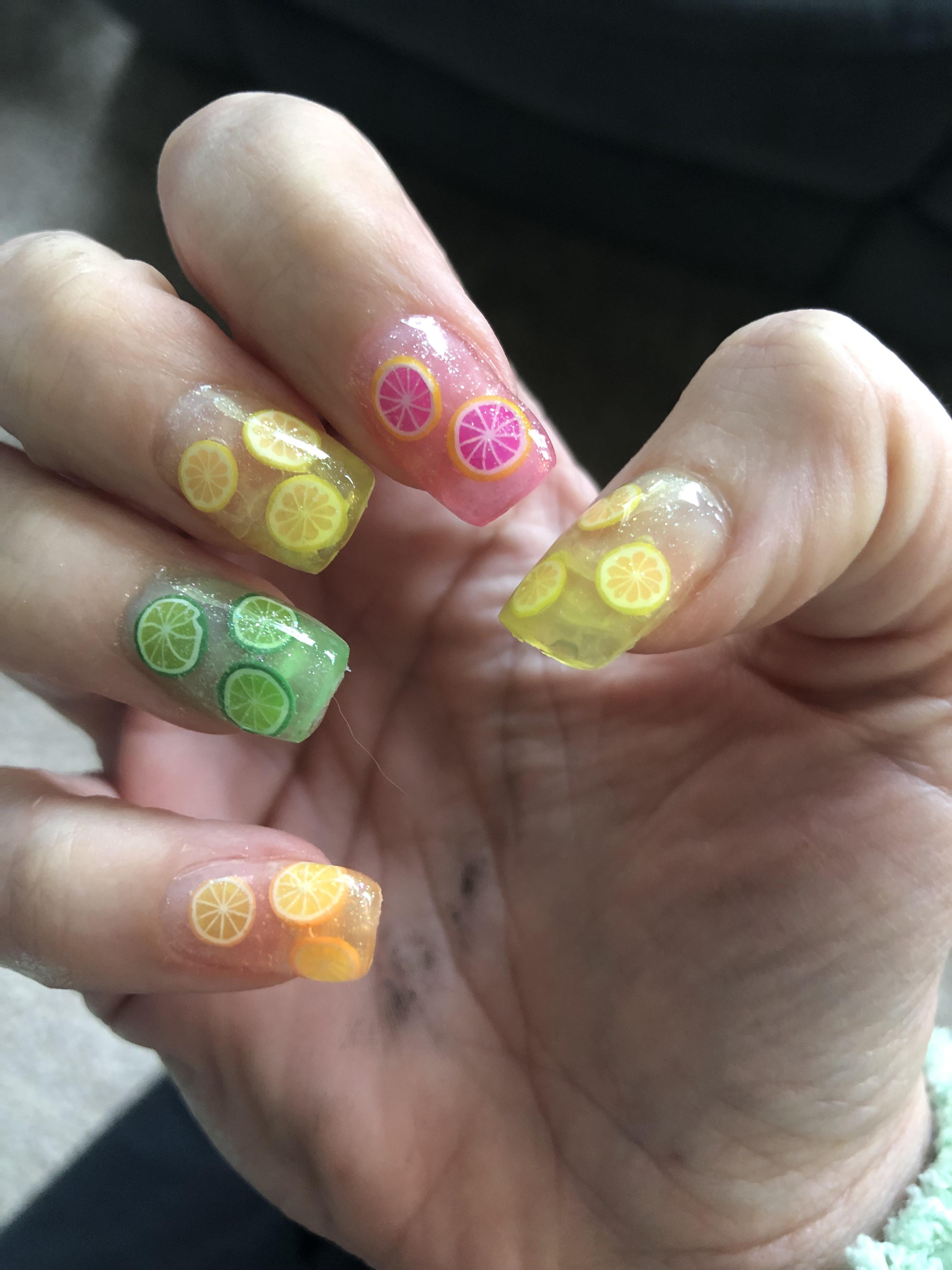 Citrus fruits I did today, first attempt at this type of poly nails