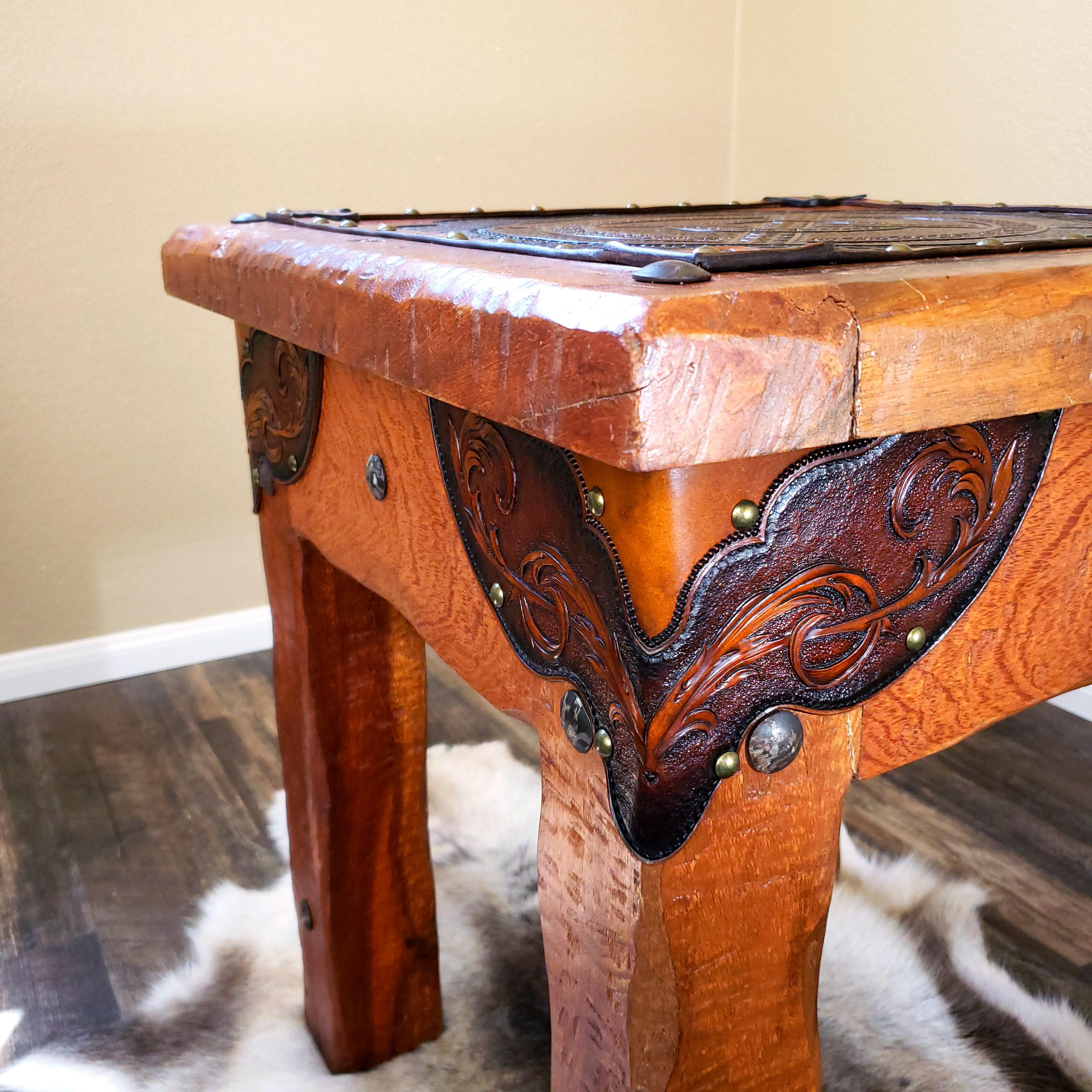 Leather accents and table top made for a small handmade table. r