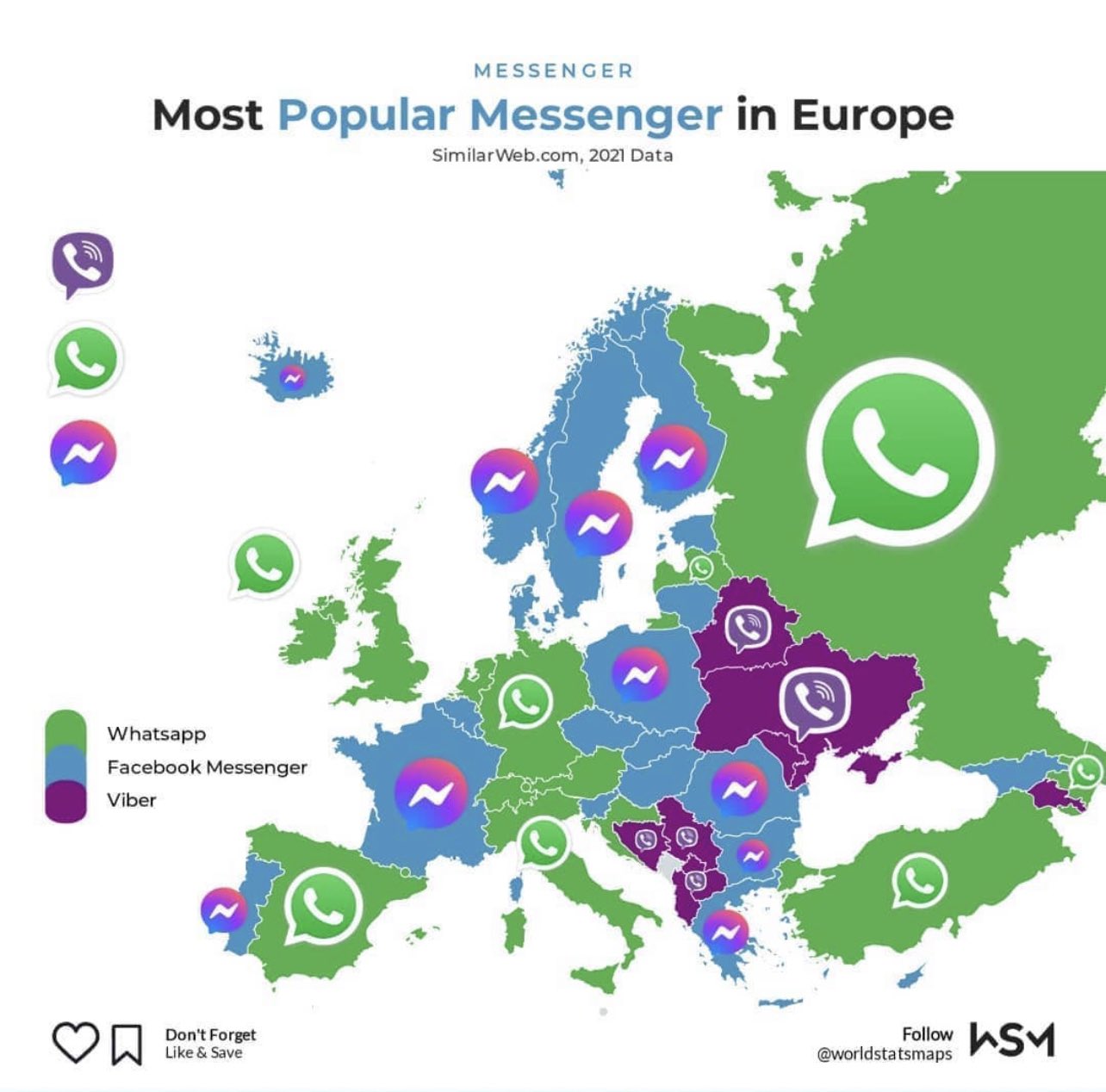 Most Popular Messenger in Europe MapPorn