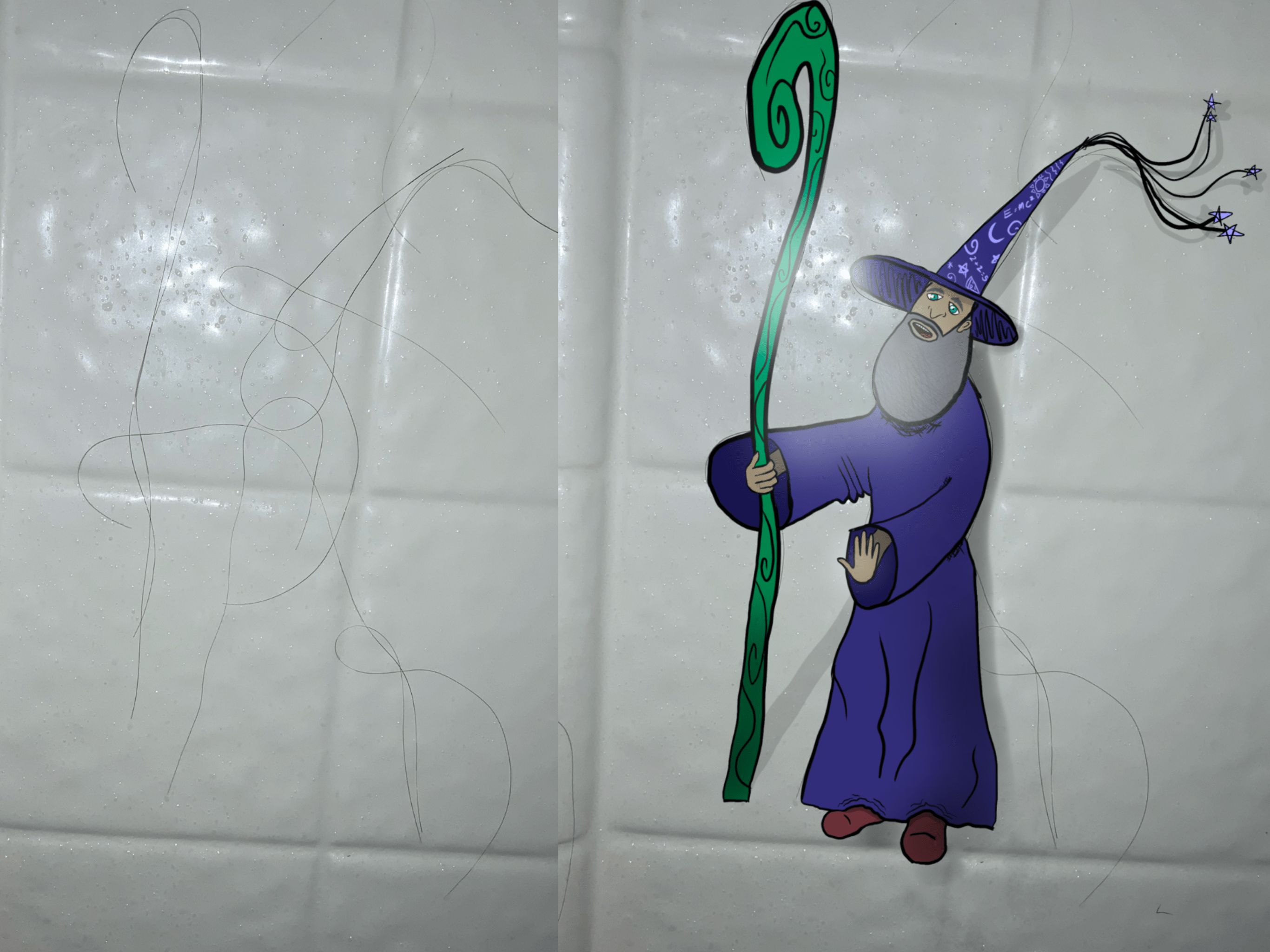 My wife’s hair looked like a wizard in the shower, so I drew it. r/pics