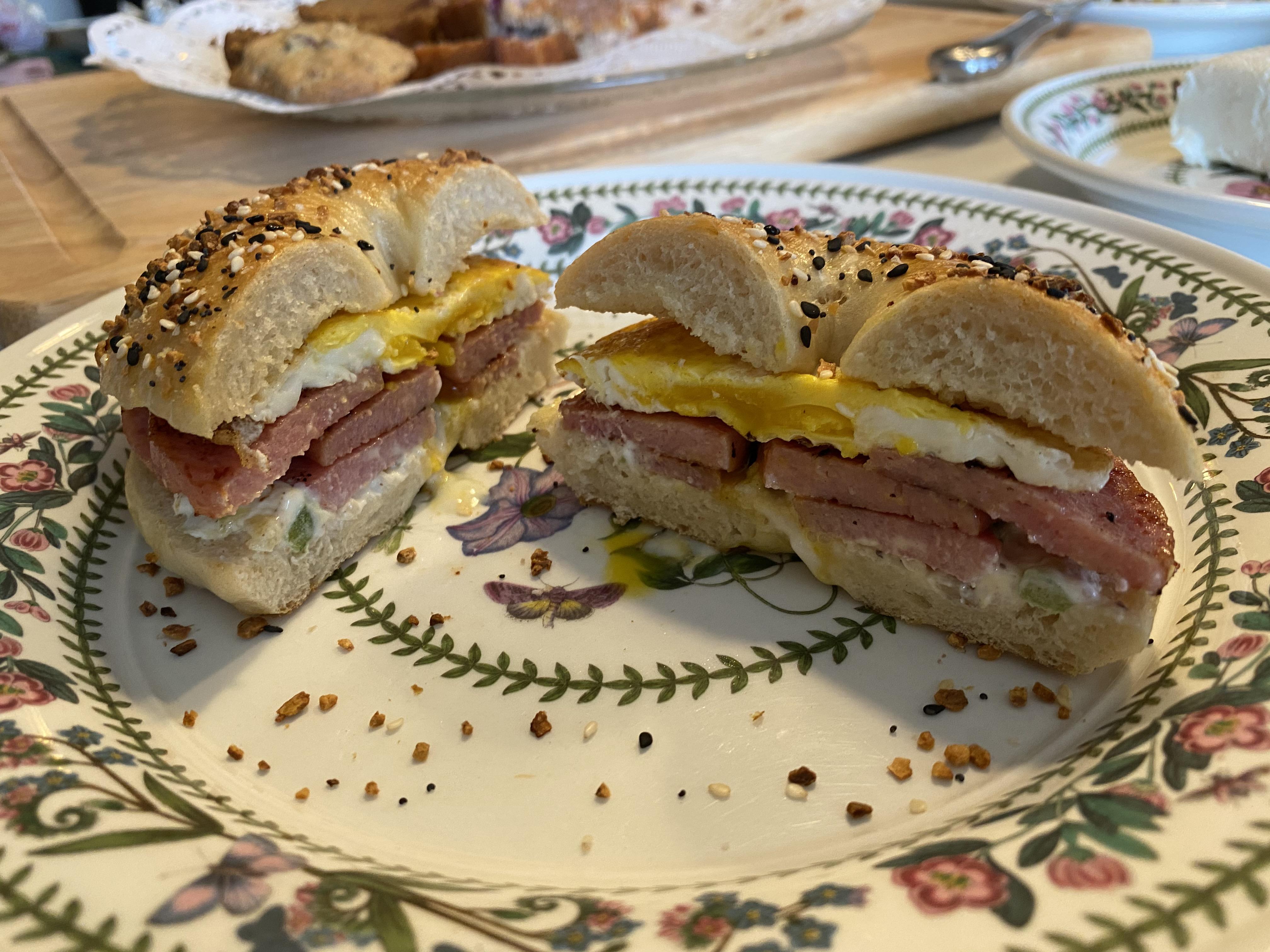 Homemade everything bagels with pork roll, egg and cream cheese from