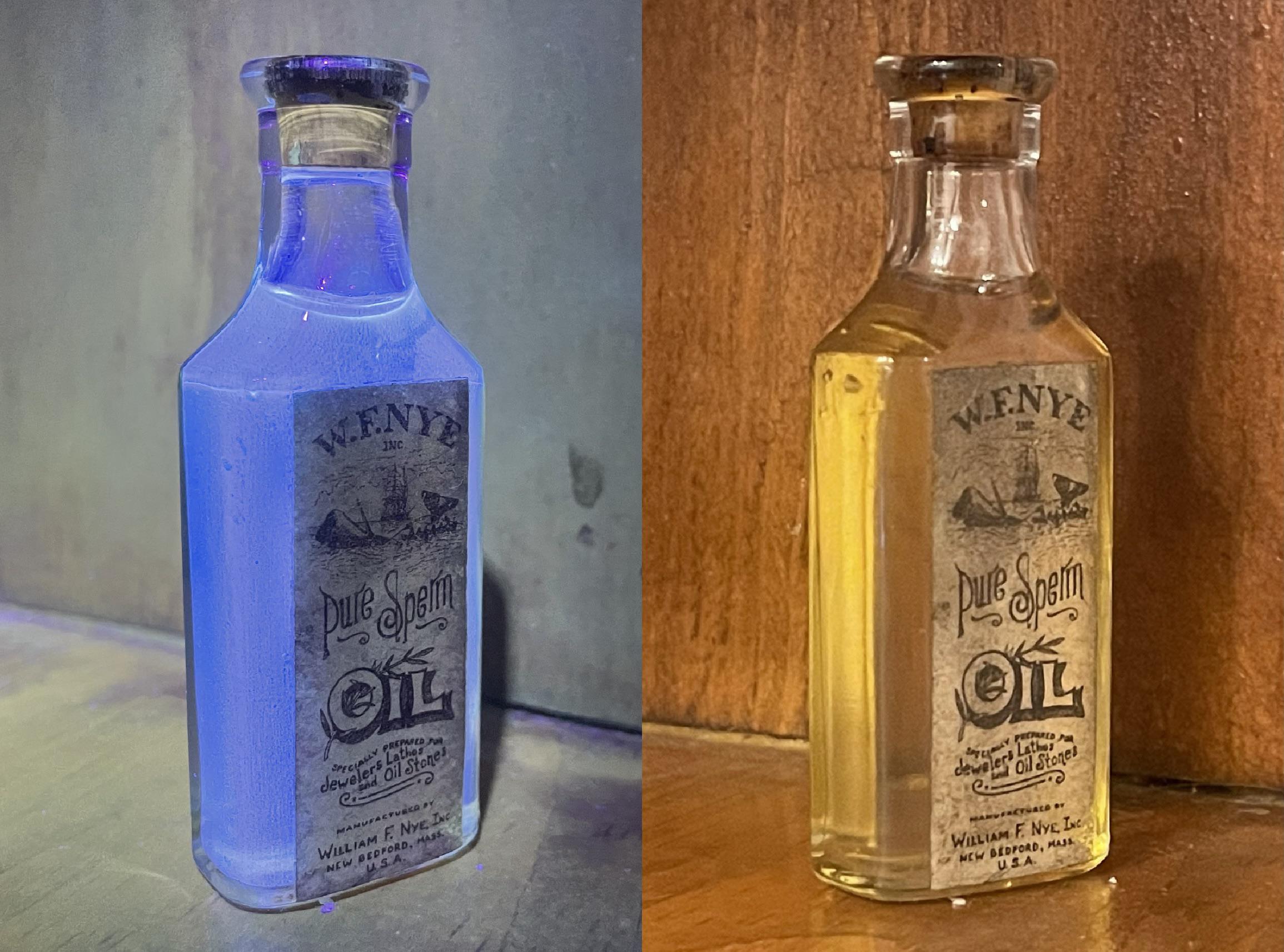 Whale oil shines a bright pastel blue while under a black light. r