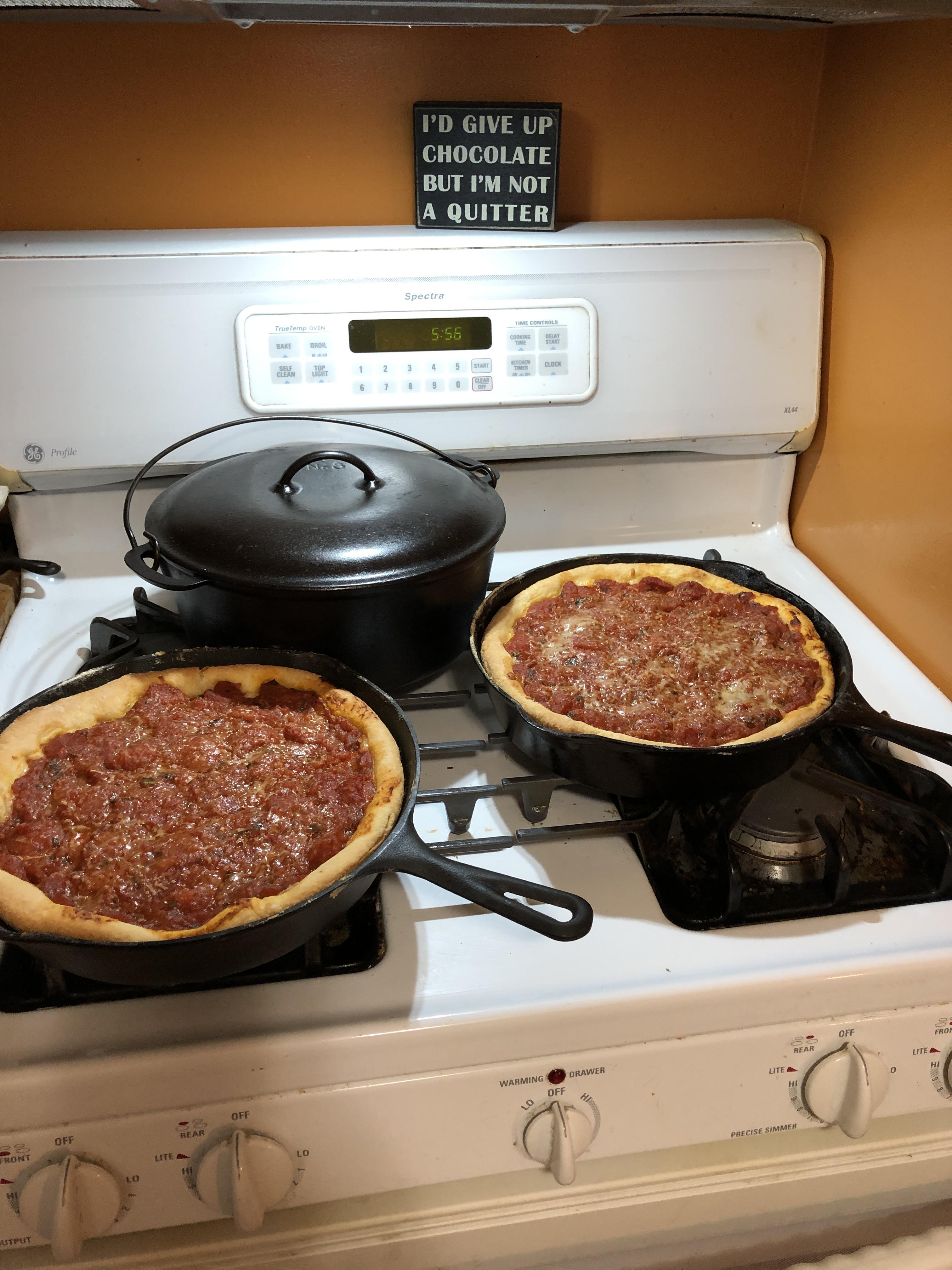 Cast iron pizza! 3 notch lodge on the right. Erie on the left. Deep