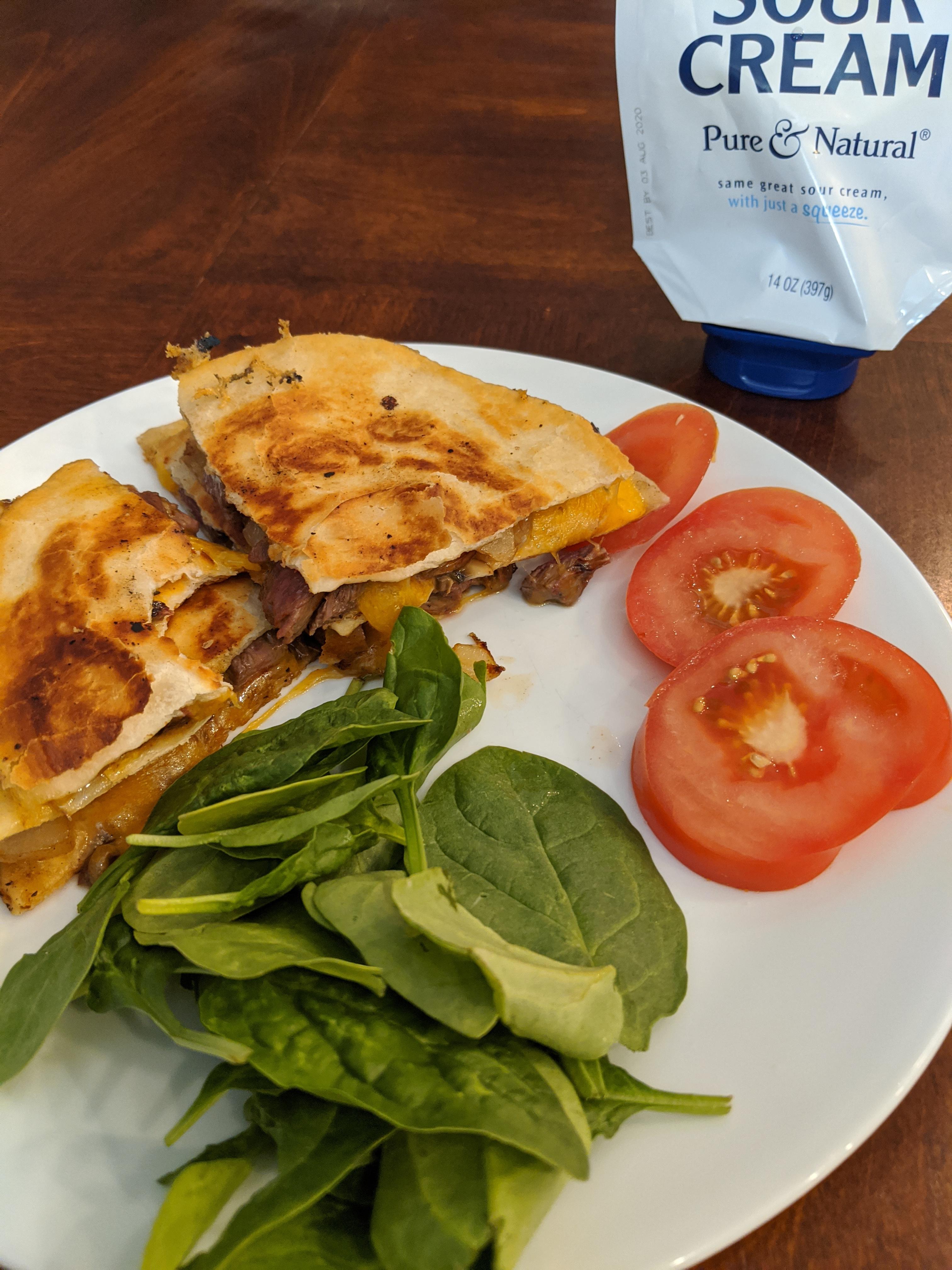 Carne Asada quesadilla with Mission Carb Balance tortillas, sauteed