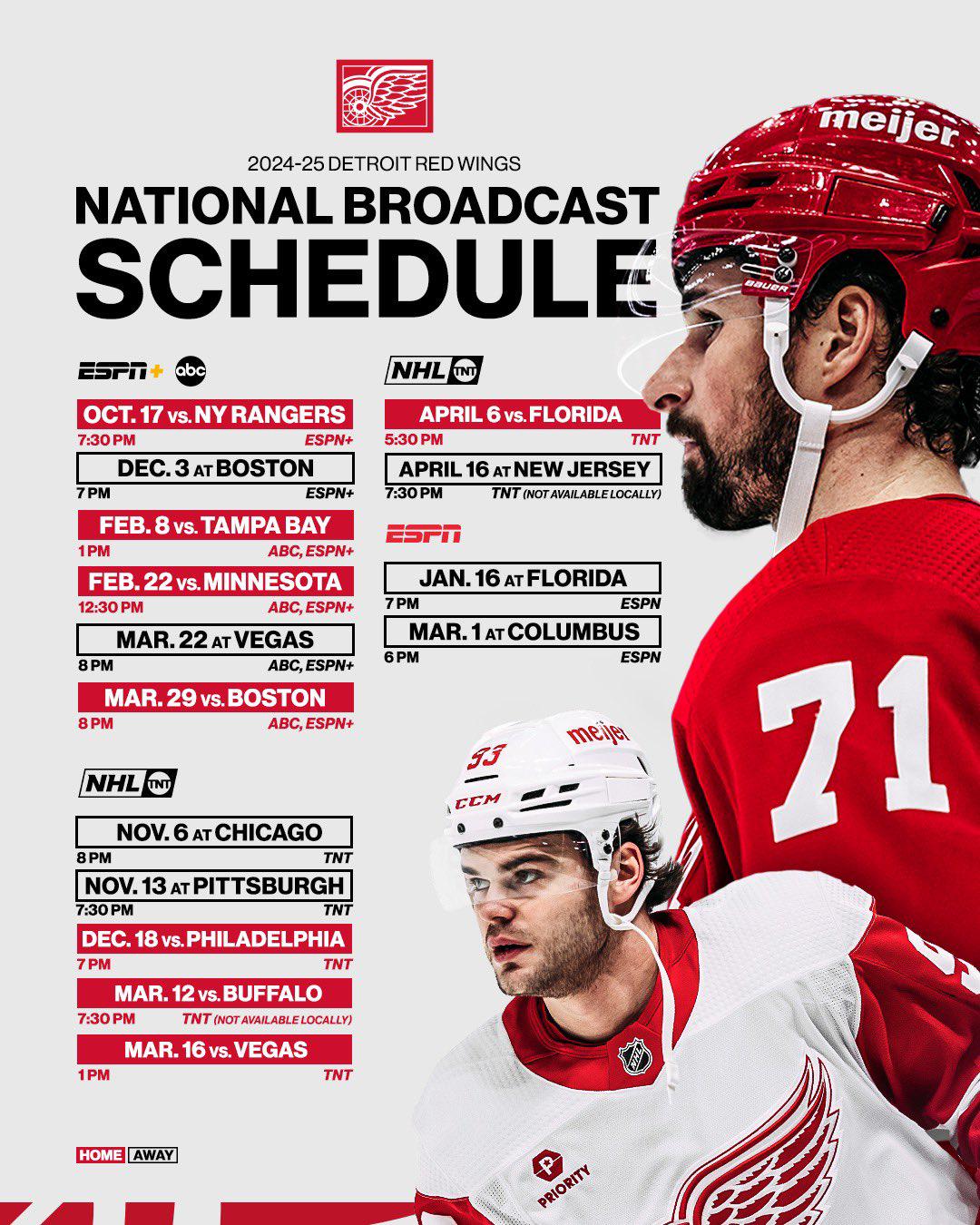 Detroit Red Wings National tv schedule (via DetroitRedWings/X) r/ DetroitRedWings