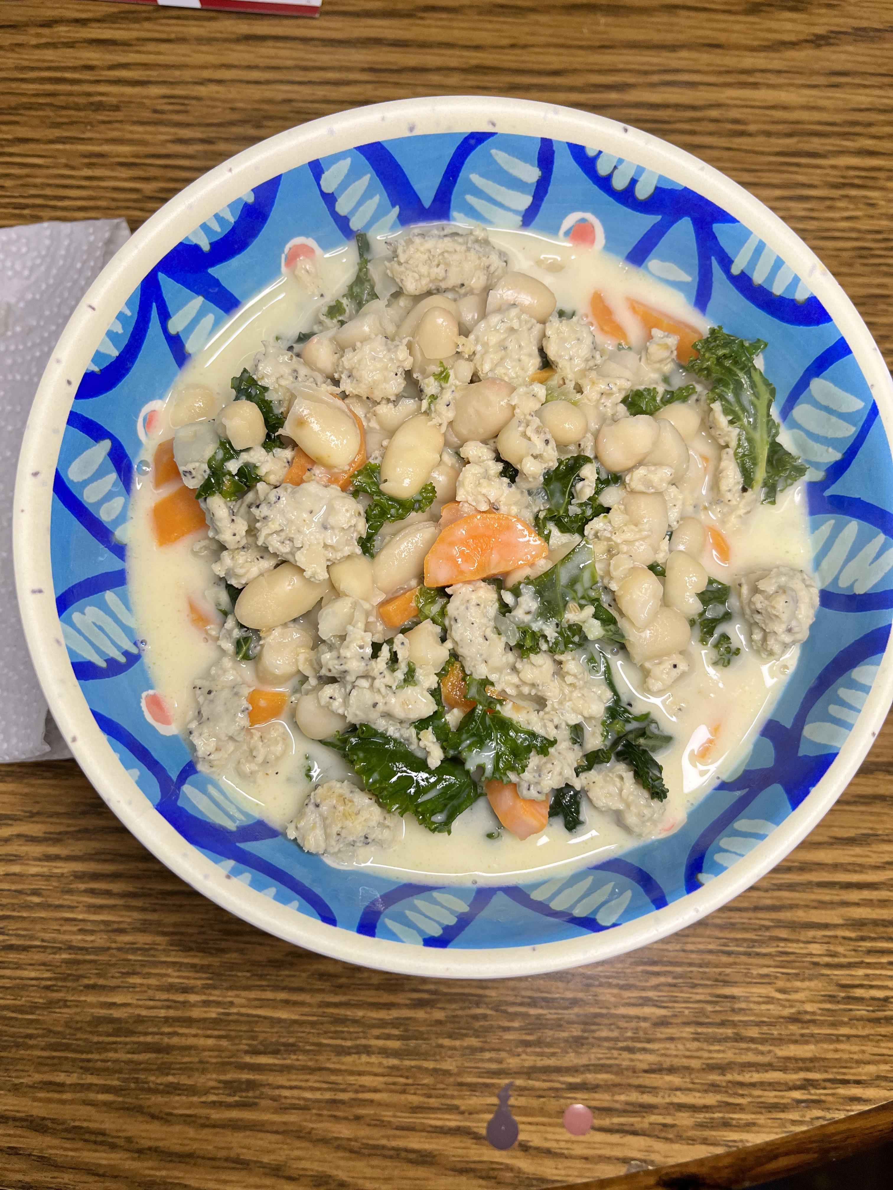 One pot chicken sausage and bean soup with kale and carrot 10/10! Their