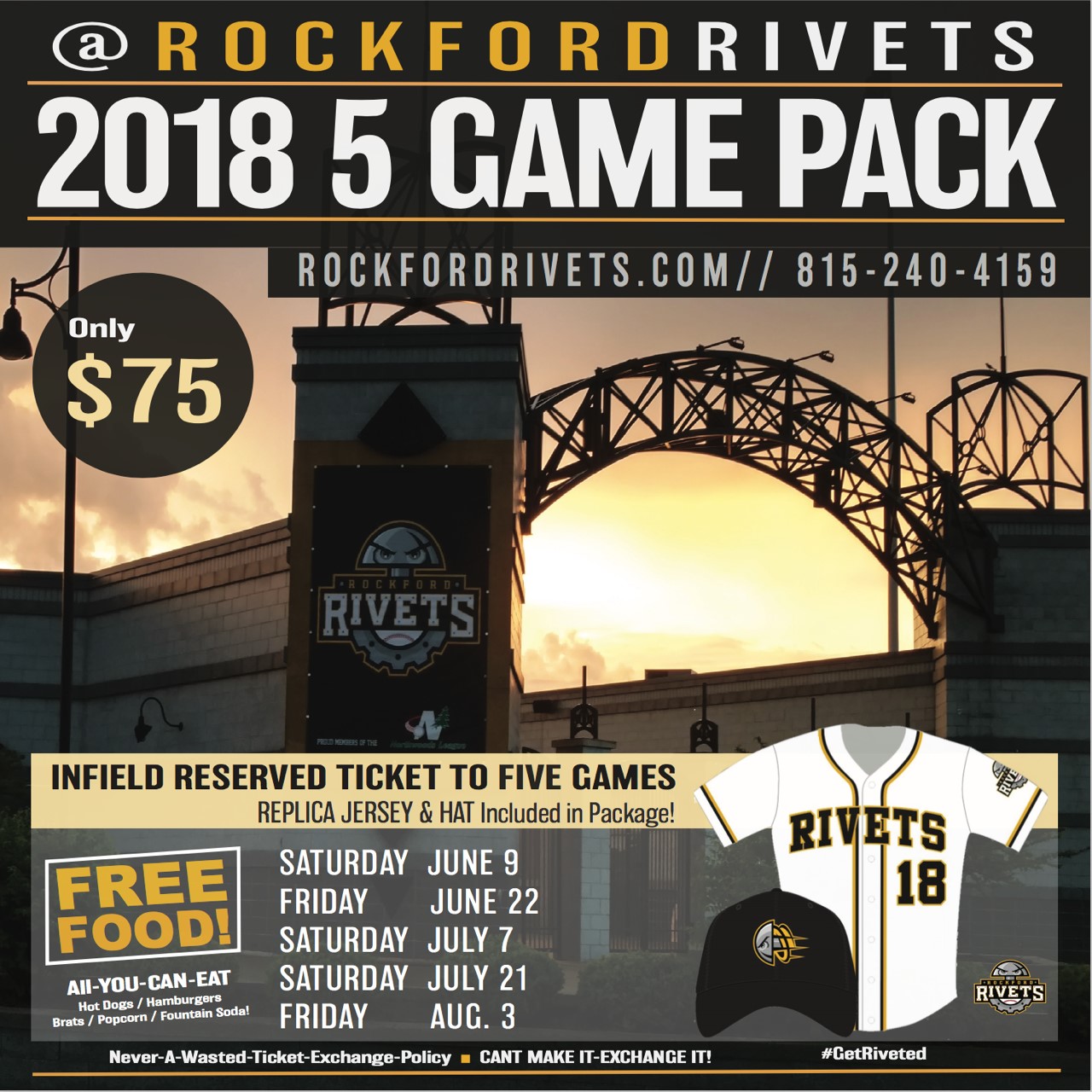 Rockford Rivets Baseball 2018 AllYouCanEat 5Game Pack r/rockford