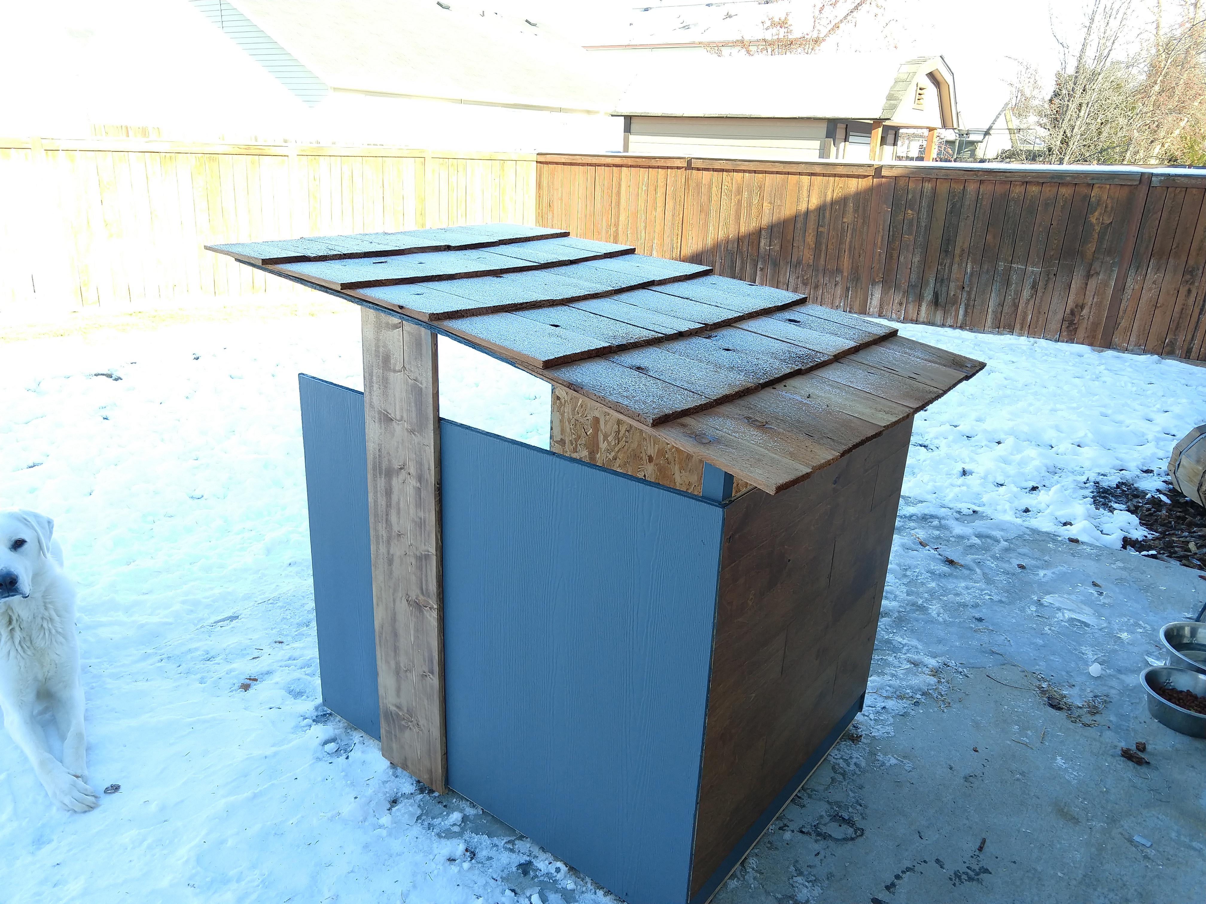 Dog house for a dog that likes the cold. OSB box, cement board siding