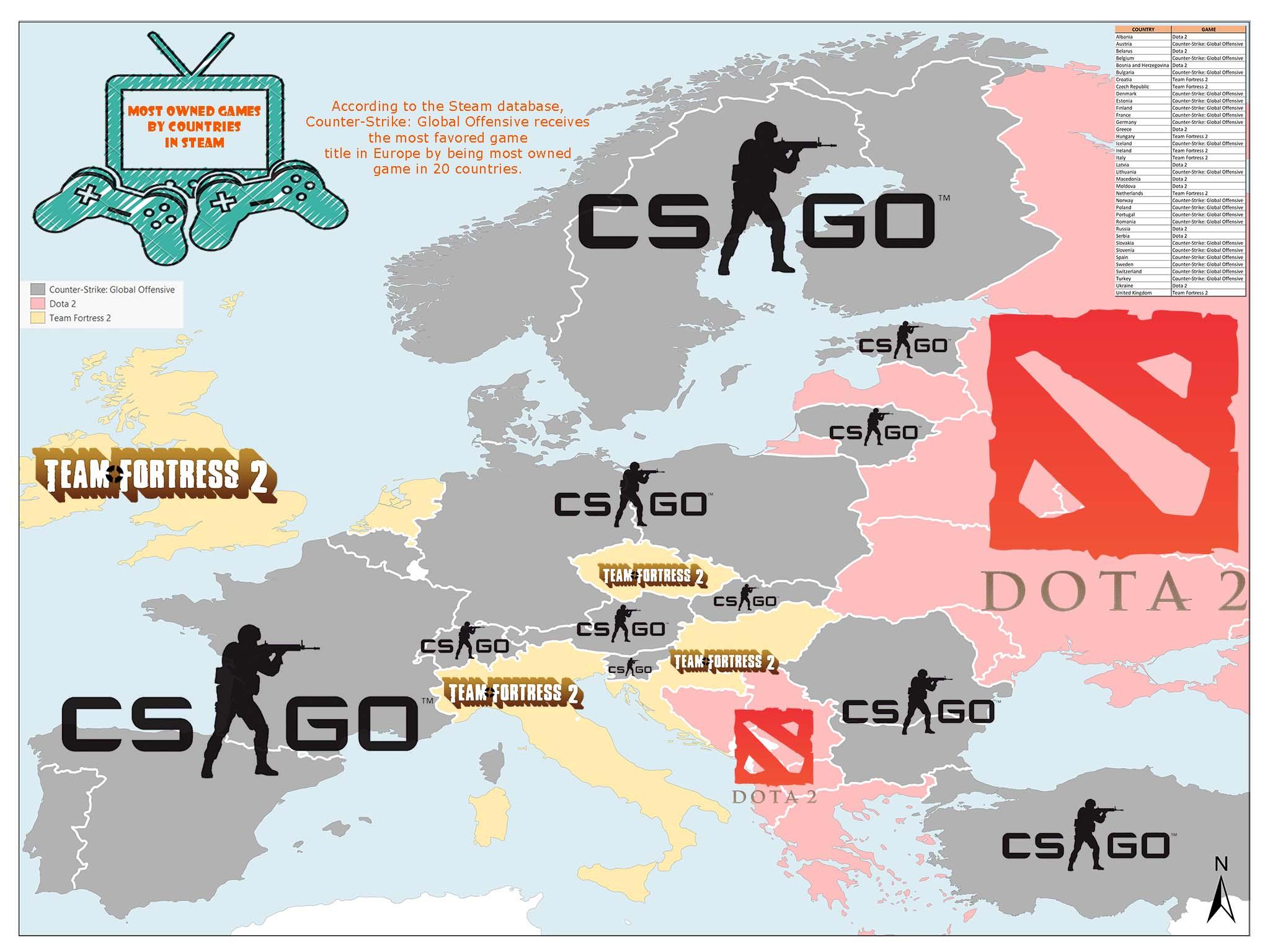 Most Owned Games by Countries in Steam (xpost from r/mapporn) r/tf2