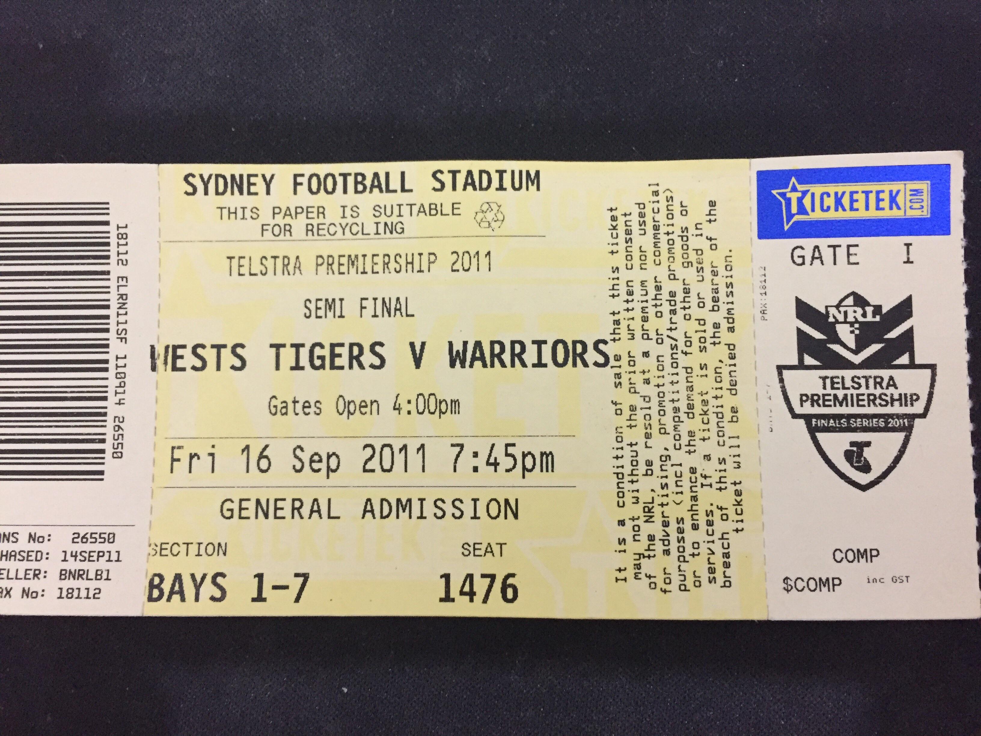 Found an old ticket to the last Tigers finals game. r/nrl