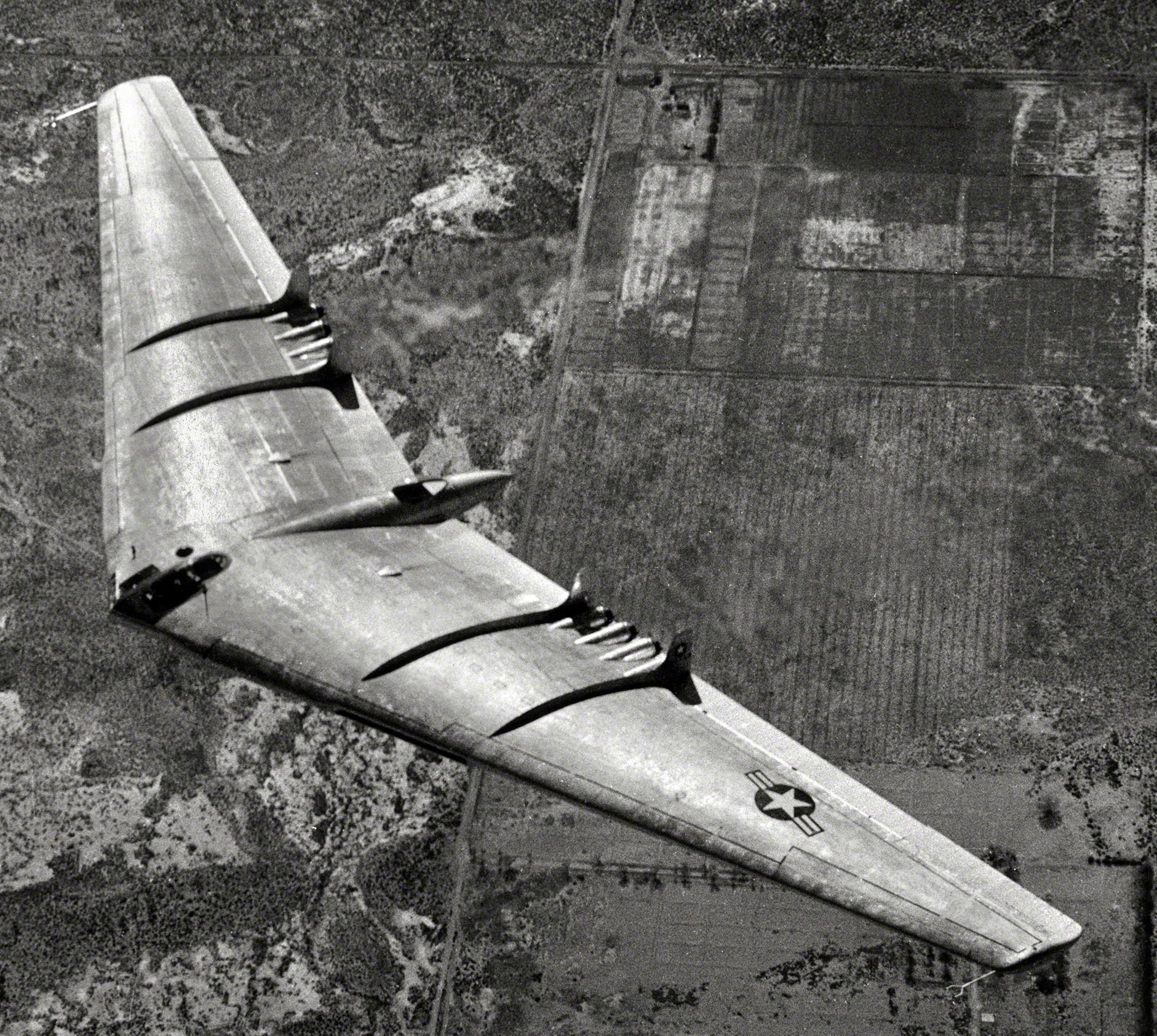 1948. Aerial view of U.S. Air Force's 100ton Northrop Flying Wing YB