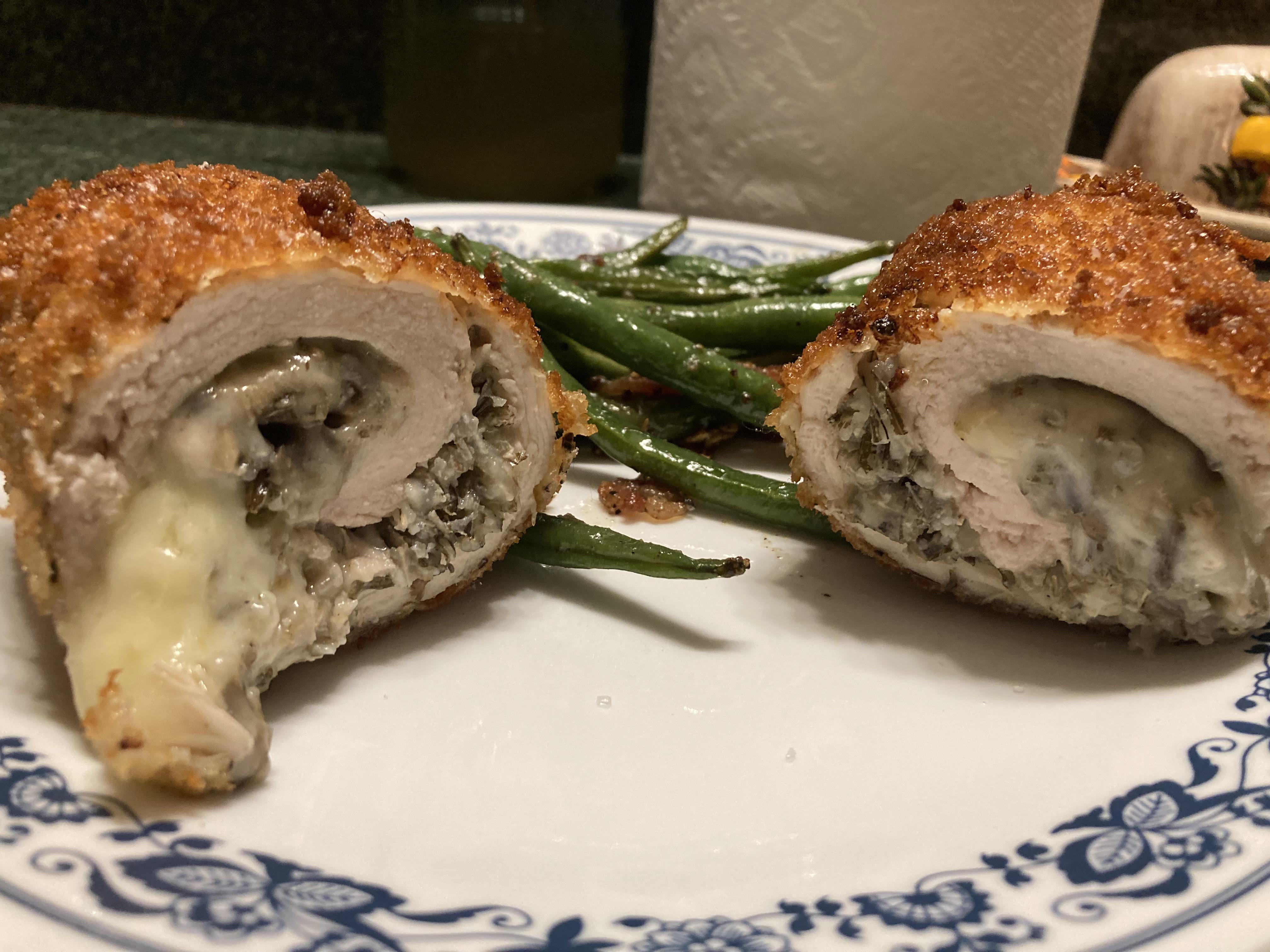 Chicken breast roll up. Wild rice, mushrooms and pepper jack. 140